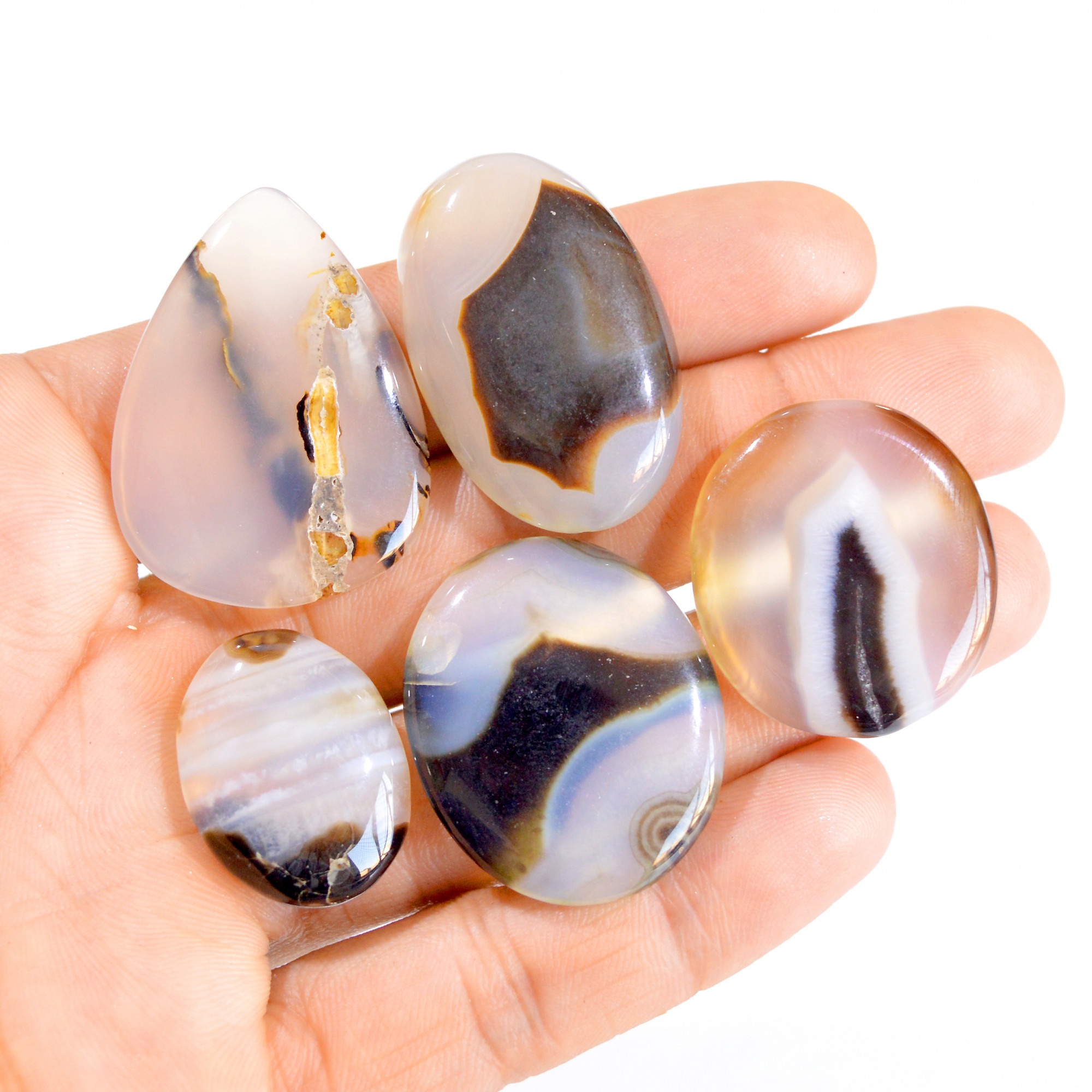 5 Pcs 238 Cts Natural Black Banded Agate Cabochon Gemstone Lot 25x19-38x28mm 2899
