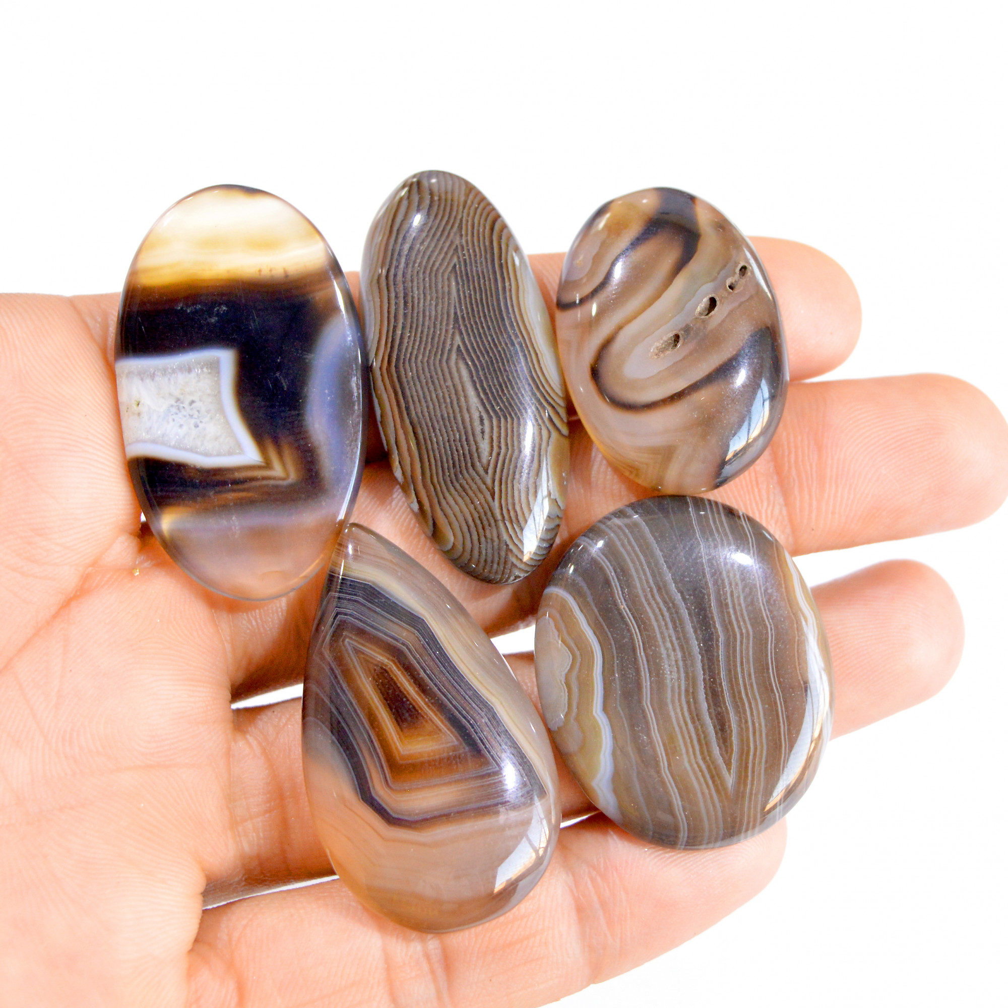 5 Pcs 248 Cts Natural Black Banded Agate Cabochon Gemstone Lot 32x22-40x22mm 2900