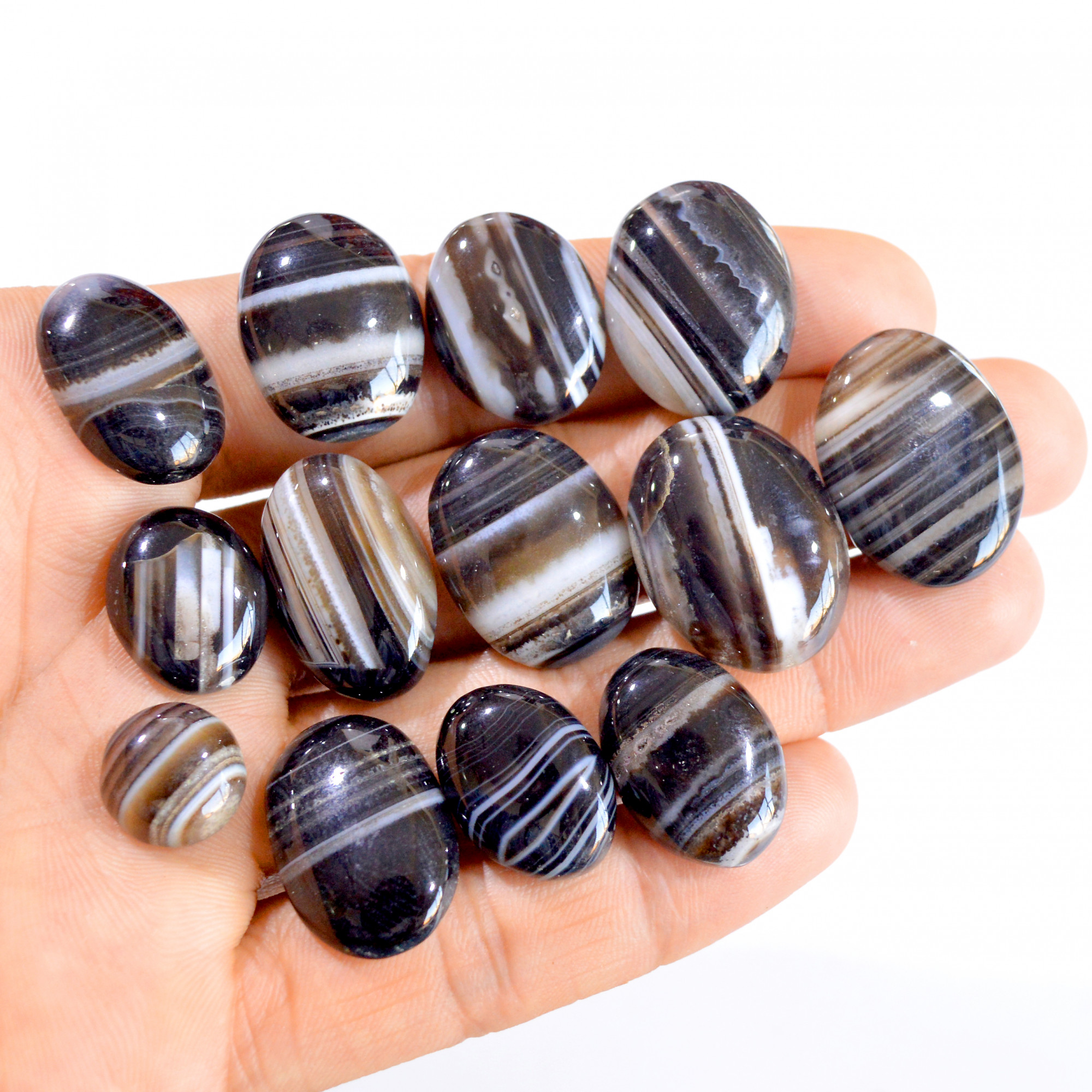 13 Pcs 262 Cts Natural Black Banded Agate Cabochon Gemstone Lot 12x12-25x19mm 2901