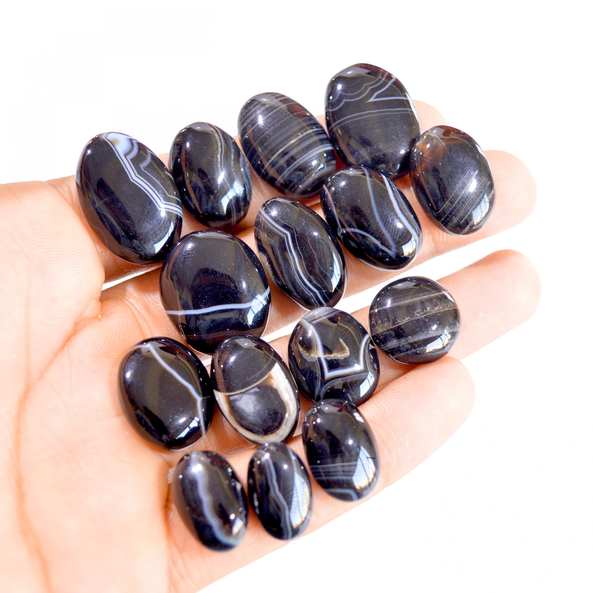15 Pcs 255 Cts Natural Black Banded Agate Cabochon Gemstone Lot 16x10-26x17mm 2903