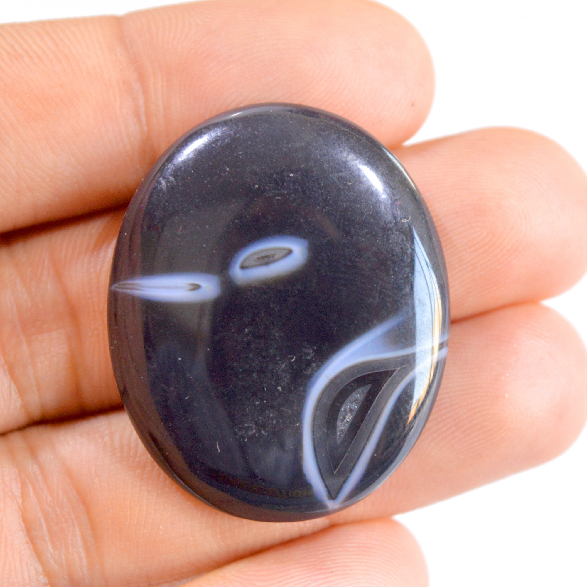 1 Pc 47 Cts Natural Black Banded Agate Cabochon Loose Gemstone 35x29mm 2917