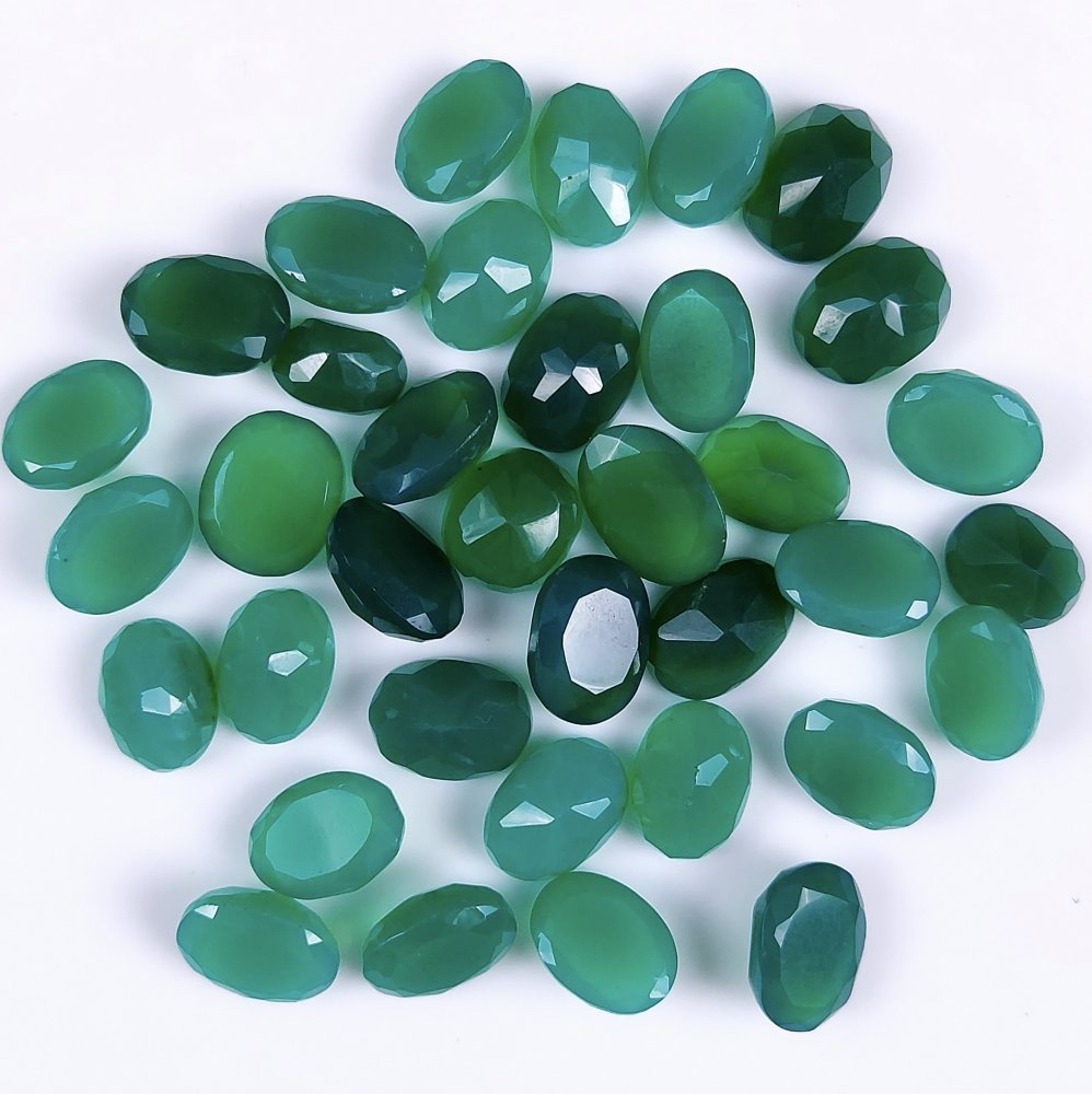 36Pcs 242Cts  Natural Green Onyx Faceted Oval Loose Gemstone Lot For Jewelry Making Both Side Polish Cabochon For Crystal Energy Gift For Her #G-292