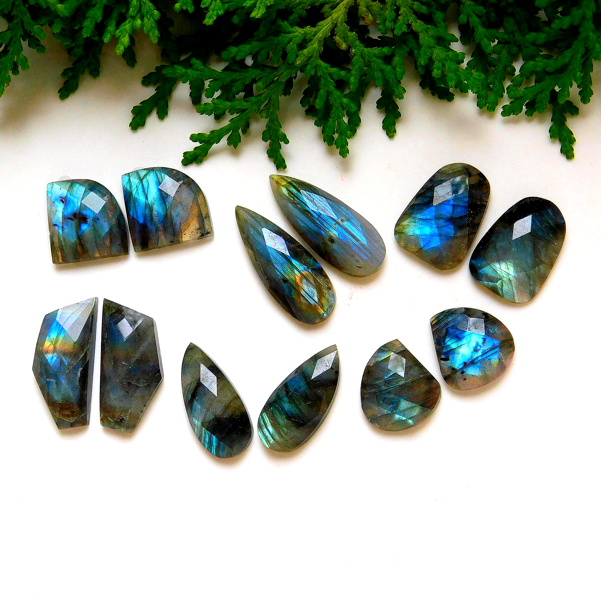 6 Pair 110 Cts Natural Faceted Labradorite Mix pair Cabochons Loose Gemstone Wholesale Lot Size 25x10 15x14 mm