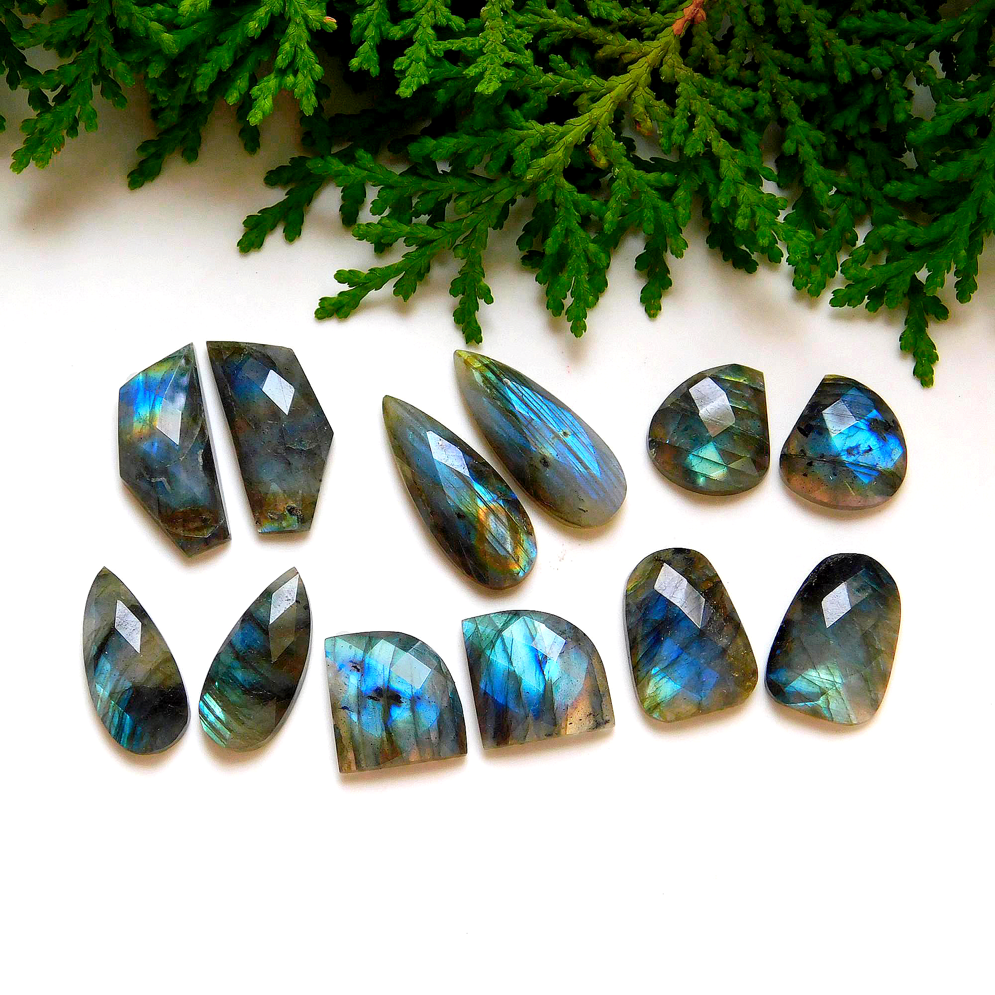 6 Pair 110 Cts Natural Faceted Labradorite Mix pair Cabochons Loose Gemstone Wholesale Lot Size 25x10 15x14 mm