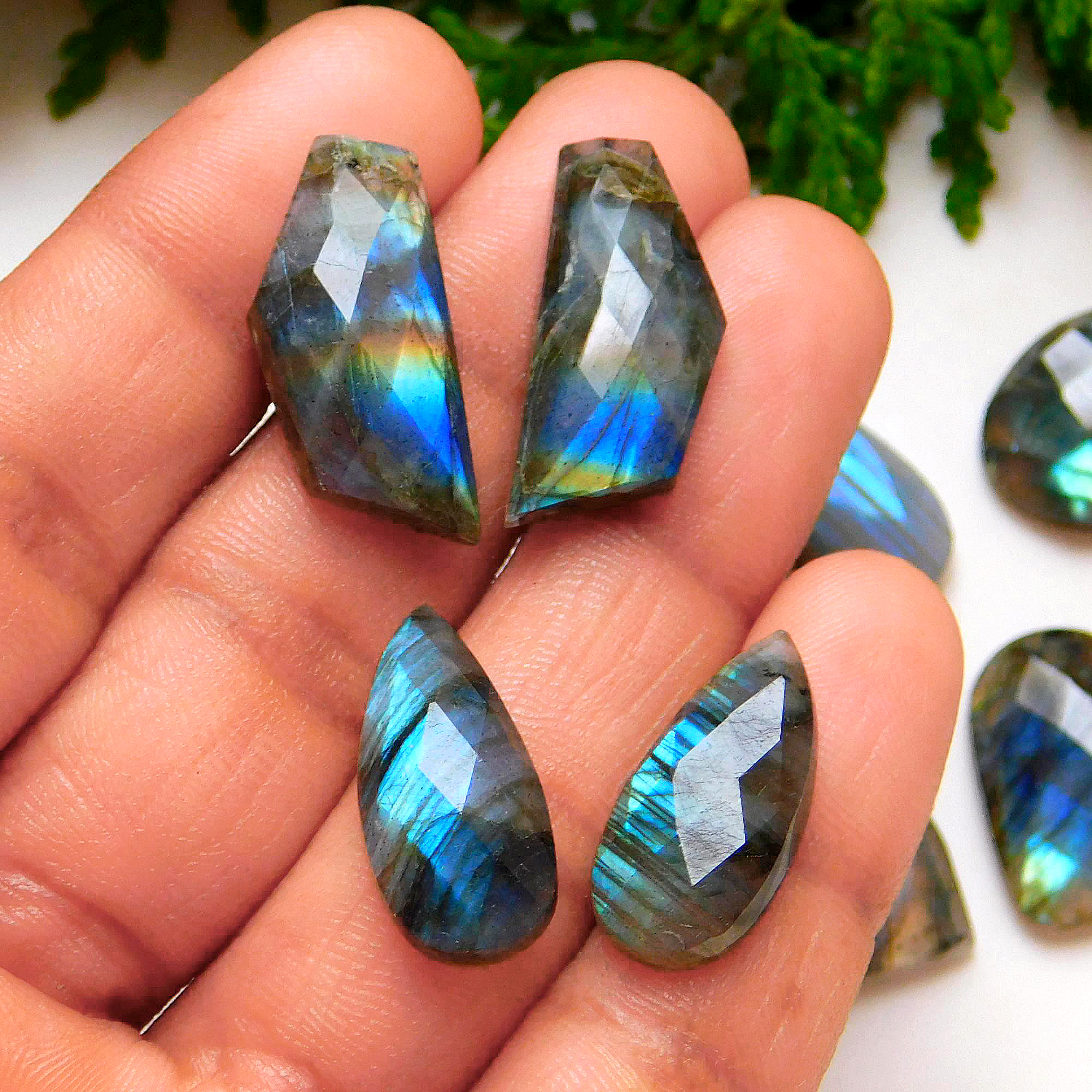 6 Pair 110 Cts Natural Faceted Labradorite Mix pair Cabochons Loose Gemstone Wholesale Lot Size 25x10 15x14 mm