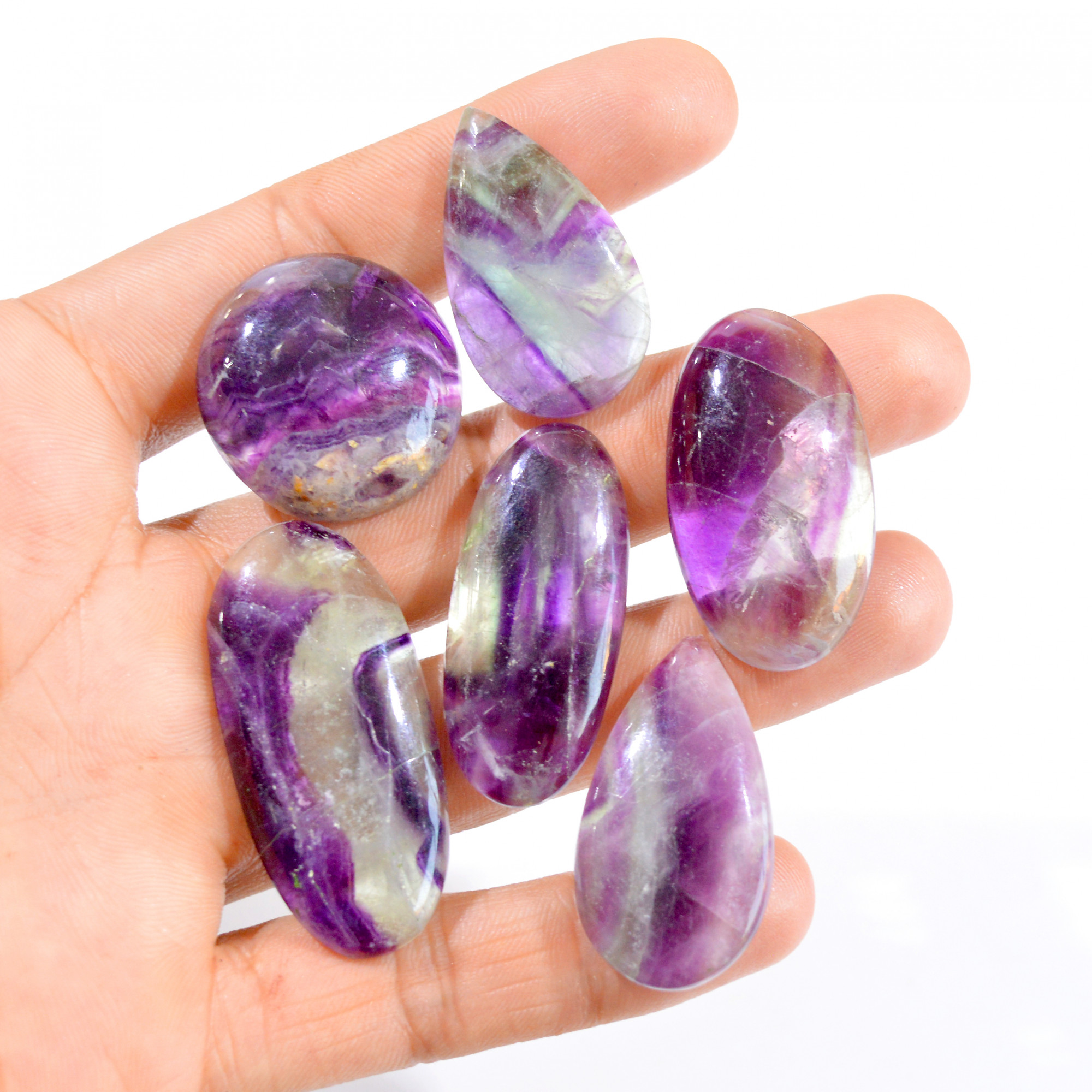 6 Pc 325 Cts Natural Fancy Rainbow Fluorite Loose Cabochon Lot 34x20-45x21mm 2964