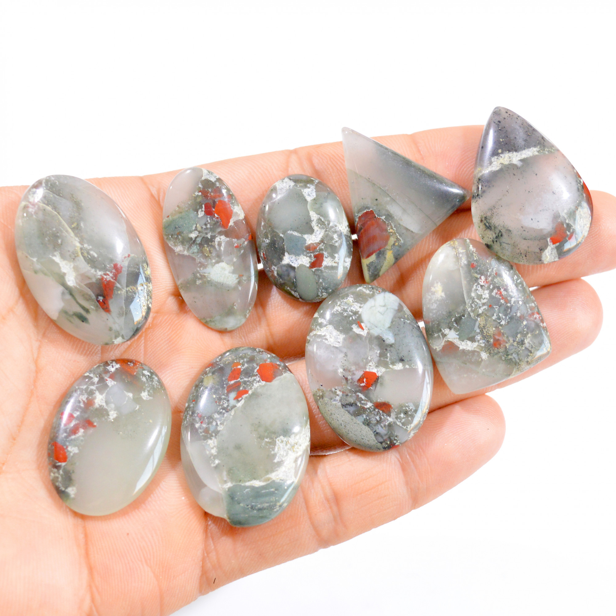9 Pcs 296 Cts Natural Green Bloodstone Cabochon Gemstone Lot 24x18-34x22mm 2968
