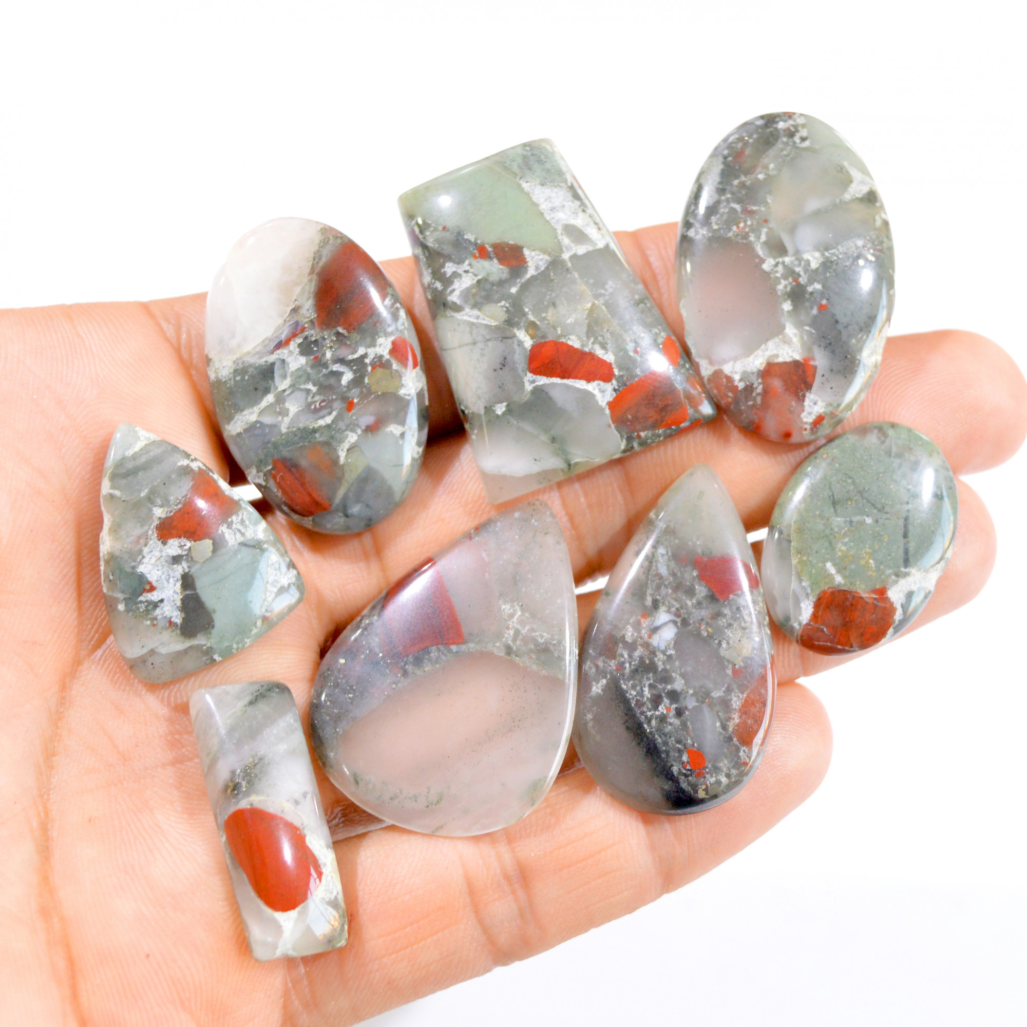 8 Pcs 270 Cts Natural Green Bloodstone Cabochon Gemstone Lot 25x19-35x25mm 2971