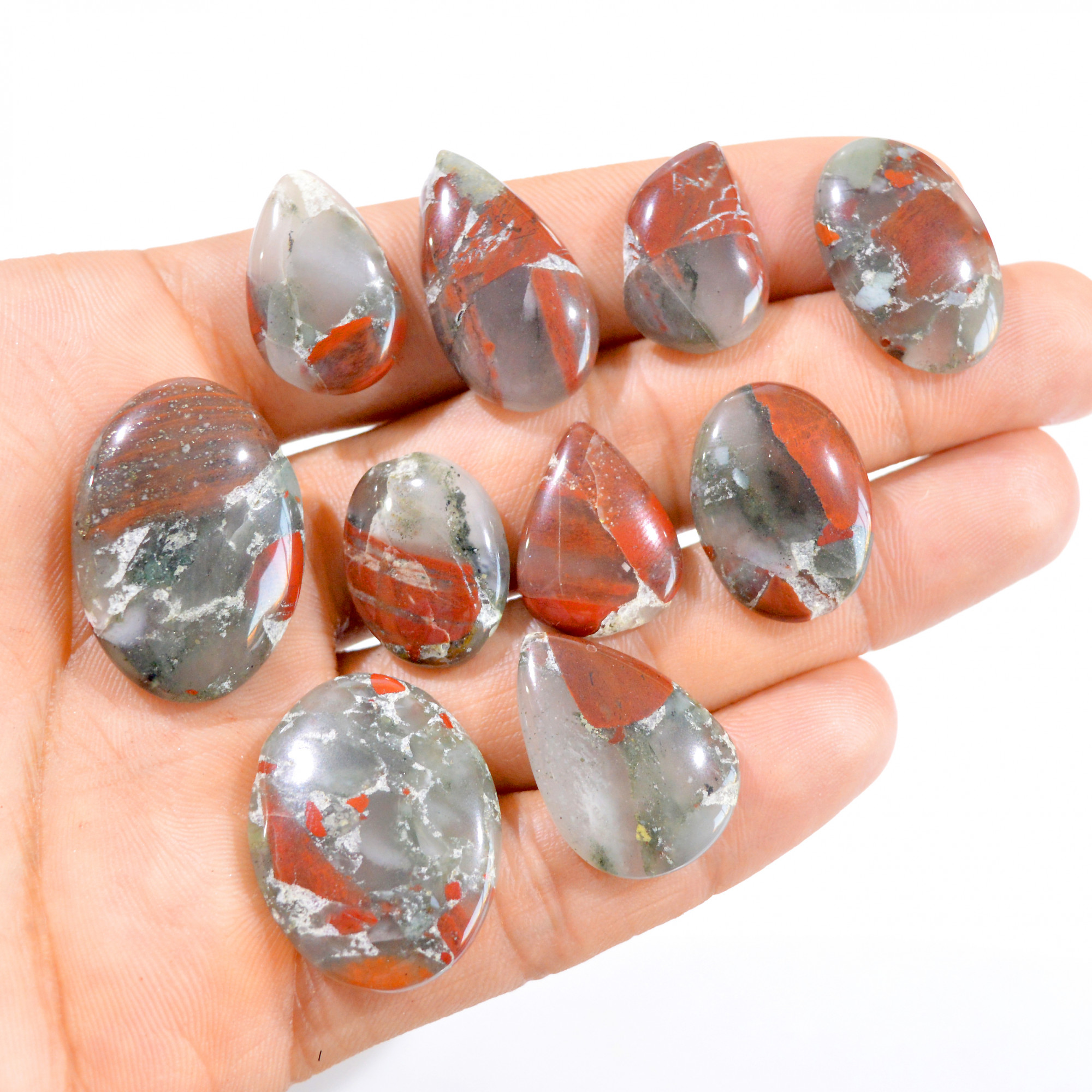 10 Pcs 192 Cts Natural Green Bloodstone Cabochon Gemstone Lot 20x13-30x21mm 2972