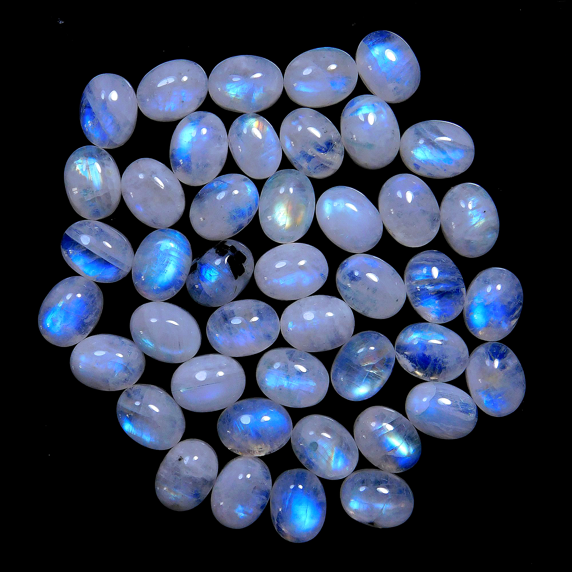 43 Pcs.99 Cts. Natural Rainbow Moonstone calibrated Oval Cabochon Loose Gemstone Wholesale Lot Size 9x7mm