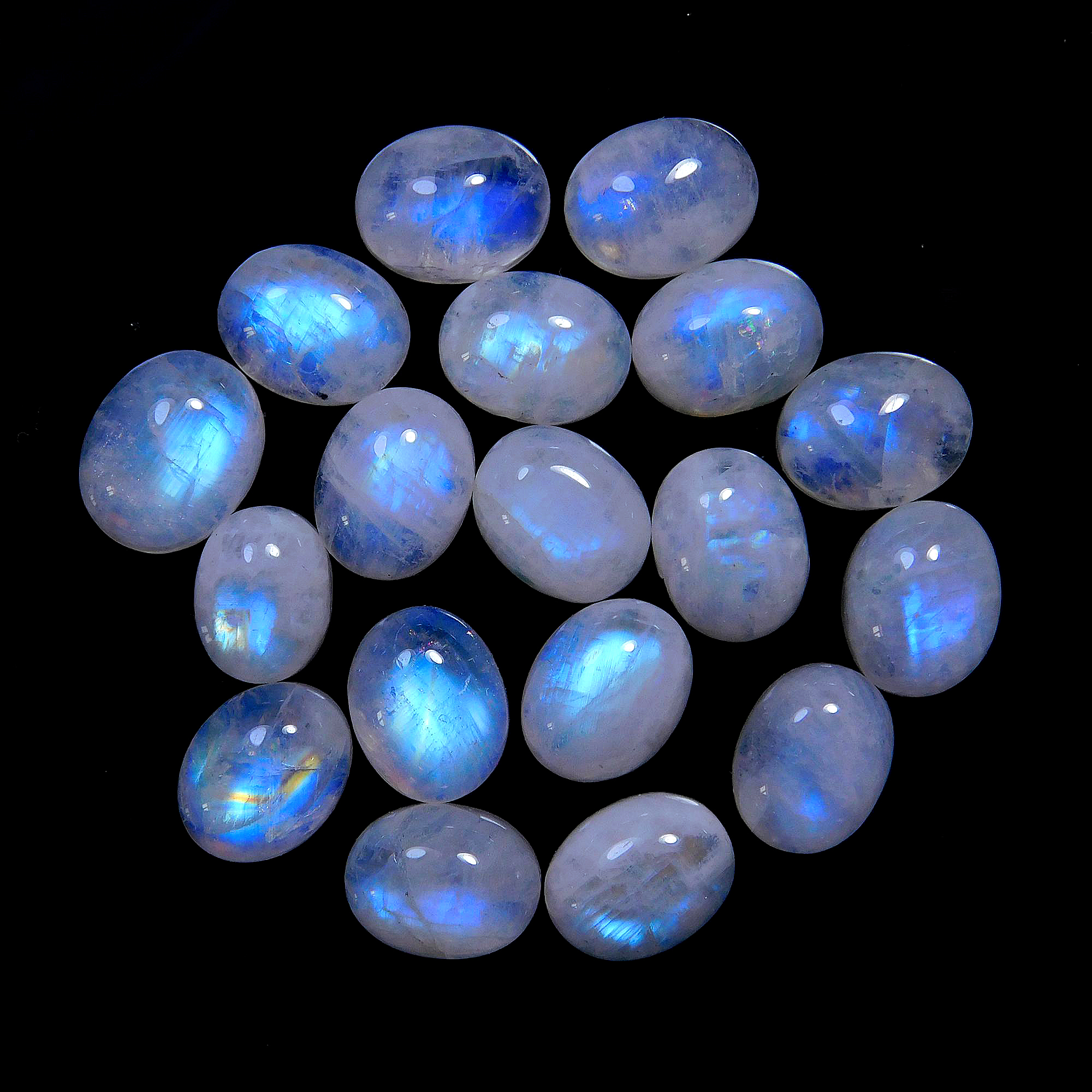 18 Pcs.62 Cts. Natural Rainbow Moonstone calibrated Oval Cabochon Loose Gemstone Wholesale Lot Size 10x8mm