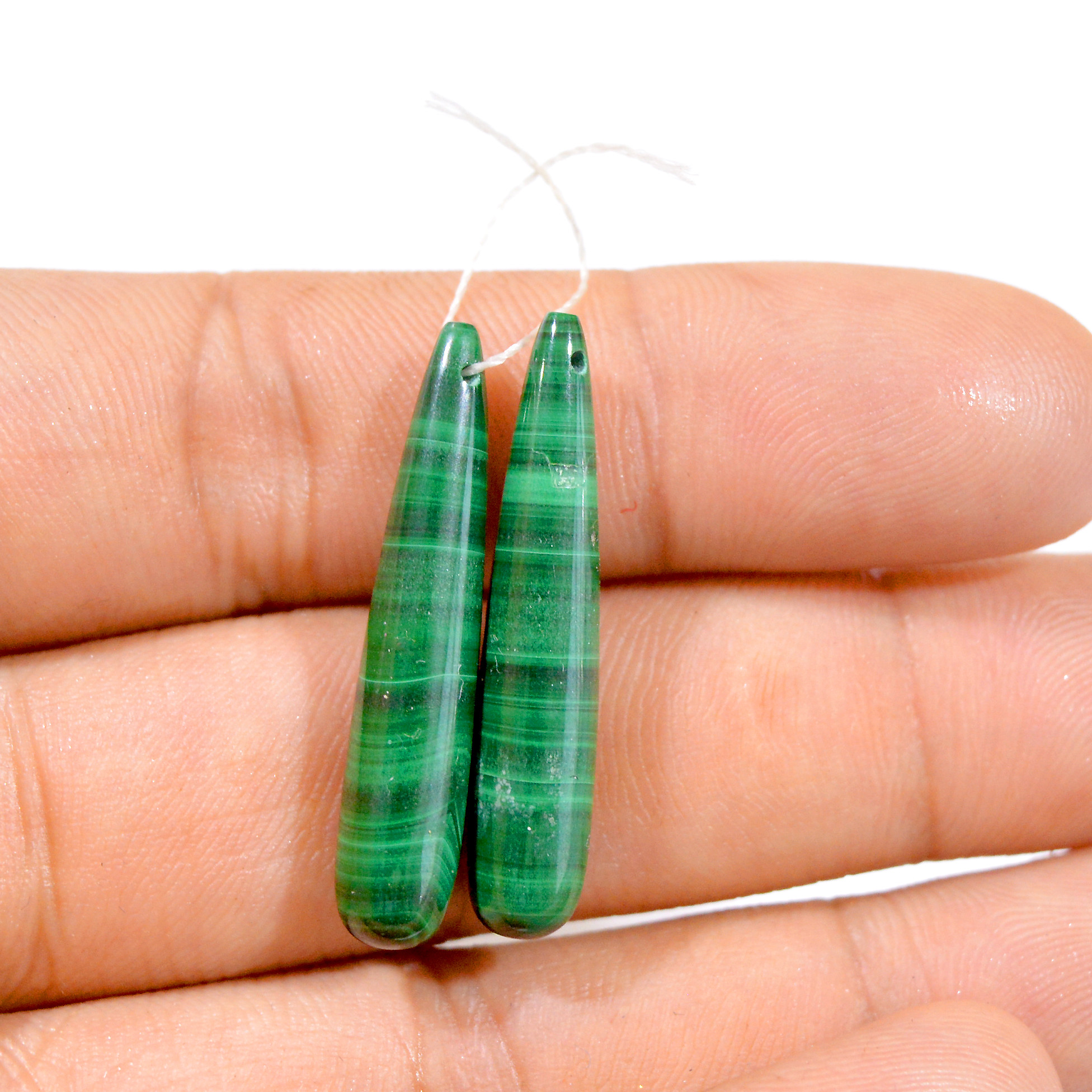 1 Pair 31 Cts Natural Malachite Drop Cabochon Gemstone Drilled Pair 33x6mm 2997
