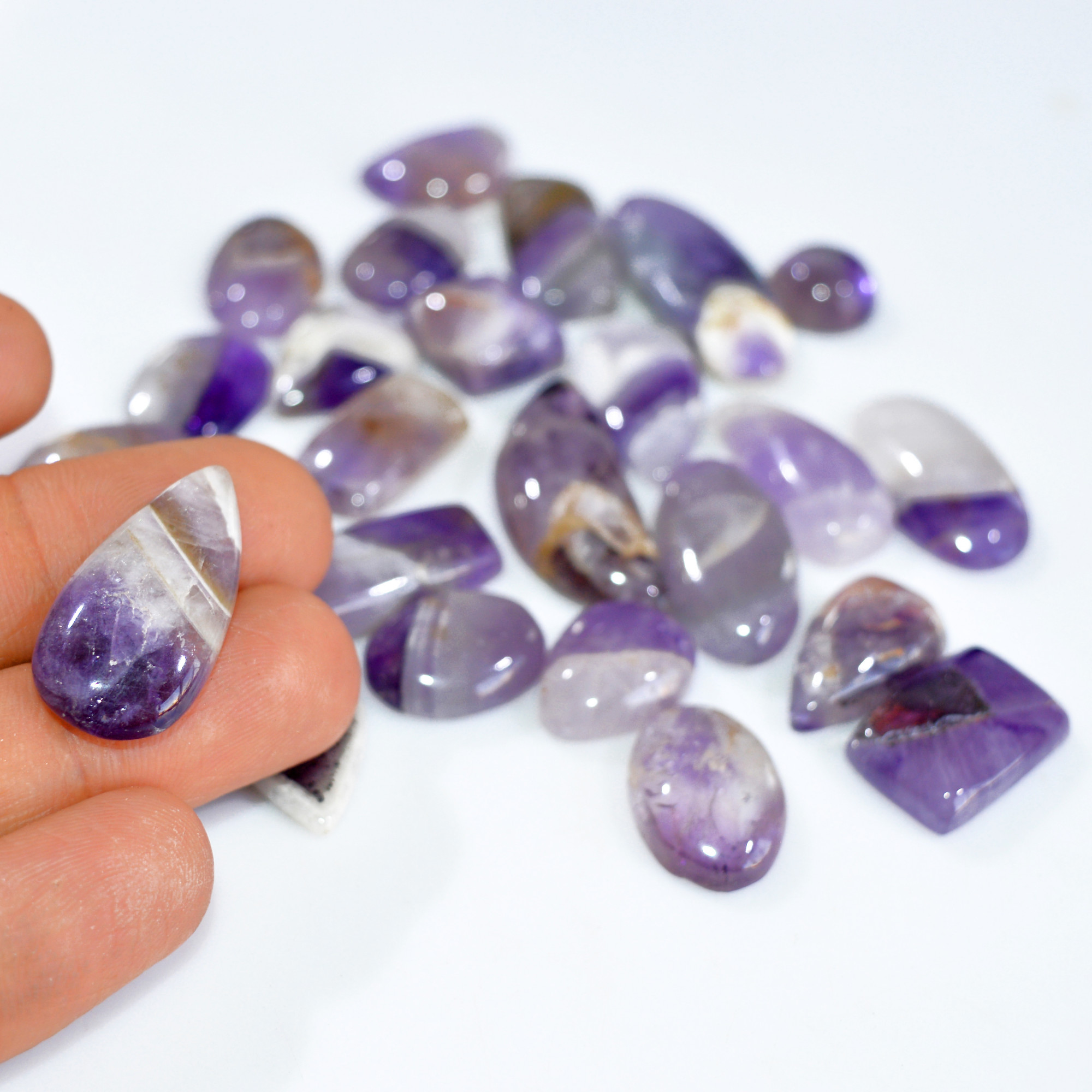 25 Pcs 344 Cts Natural Amethyst Loose Cabochon Gemstone Lot Mixed Shapes For Pendants Handmade Jewelry Supplies 30x10 10x9mm 3079