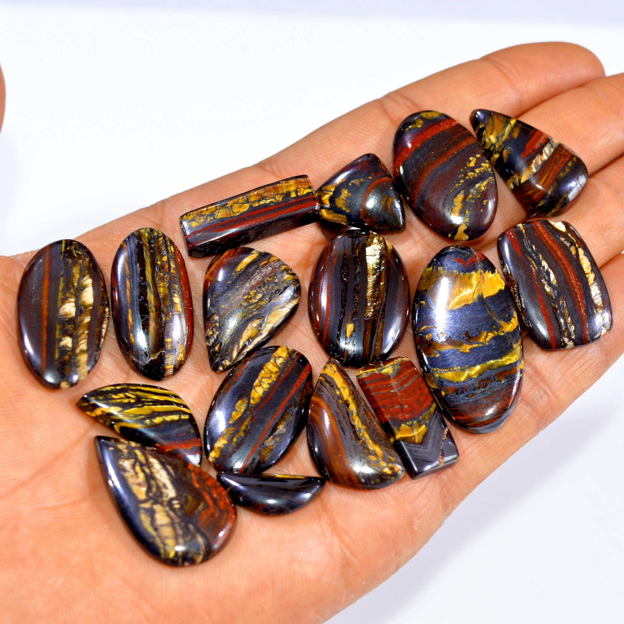 16 Pcs 358 Cts Natural Iron Tiger Eye Cabochon Loose Mixed Shapes Gemstone Lot For Pendants Handmade Jewelry Supplies 36x19 18x7mm 3178