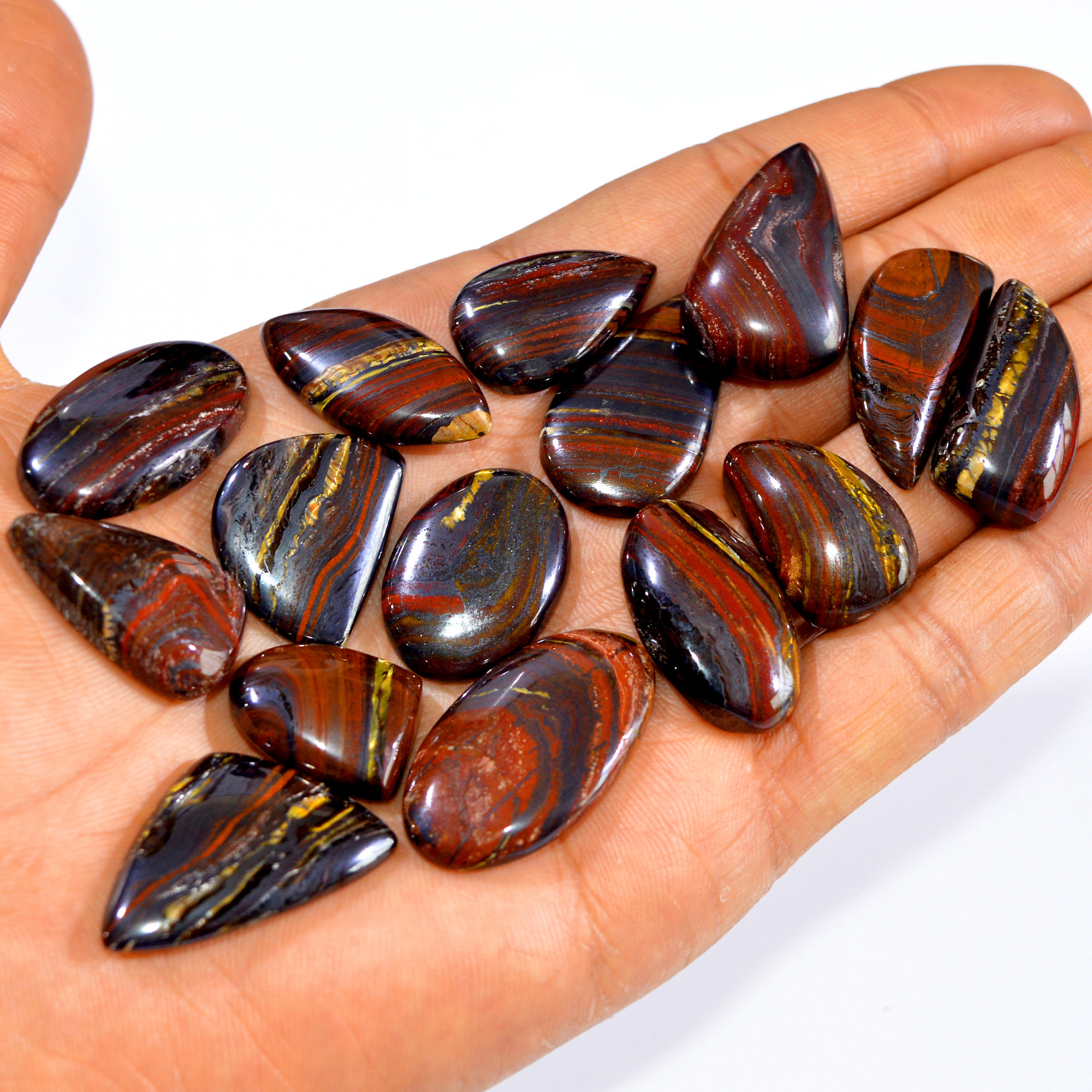 15 Pcs 400 Cts Natural Iron Tiger Eye Cabochon Loose Mixed Shapes Gemstone Lot For Pendants Handmade Jewelry Supplies 30x17 20x14mm 3179