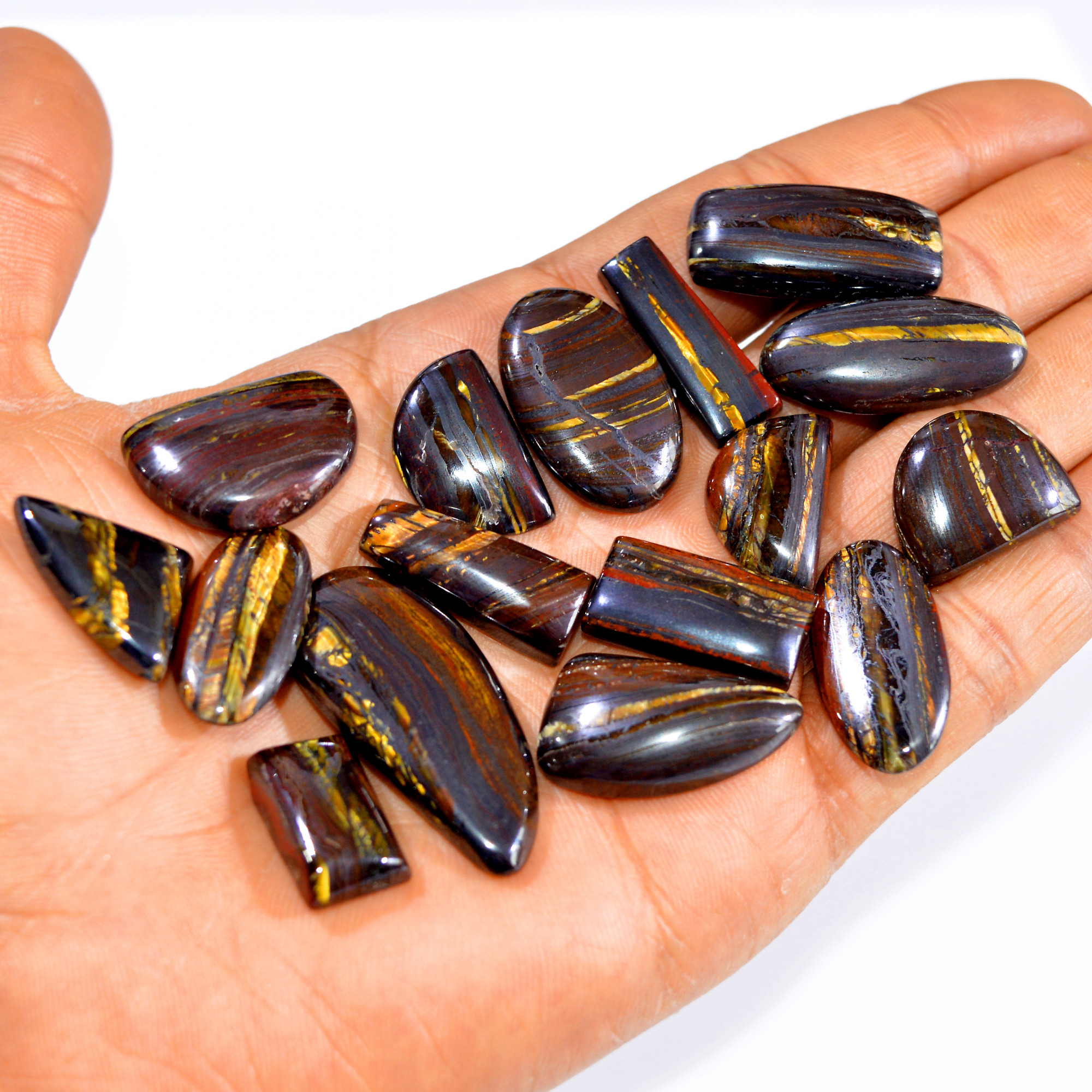 16 Pcs 376 Cts Natural Iron Tiger Eye Cabochon Loose Mixed Shapes Gemstone Lot For Pendants Handmade Jewelry Supplies 37x15 17x10mm 3181