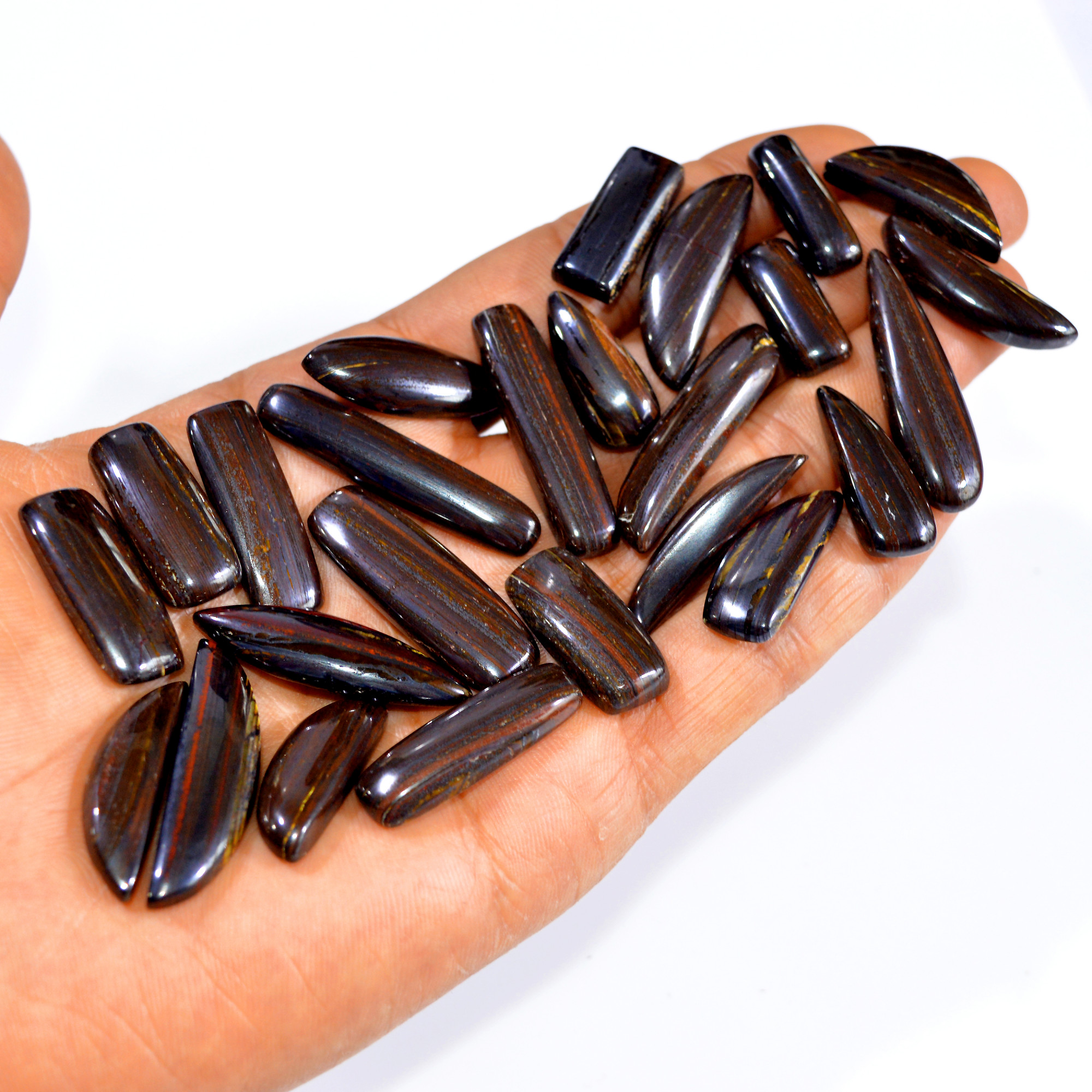 25 Pcs 477 Cts Natural Iron Tiger Eye Cabochon Loose Mixed Shapes Gemstone Lot For Pendants Handmade Jewelry Supplies 39x10 23x10mm 3183