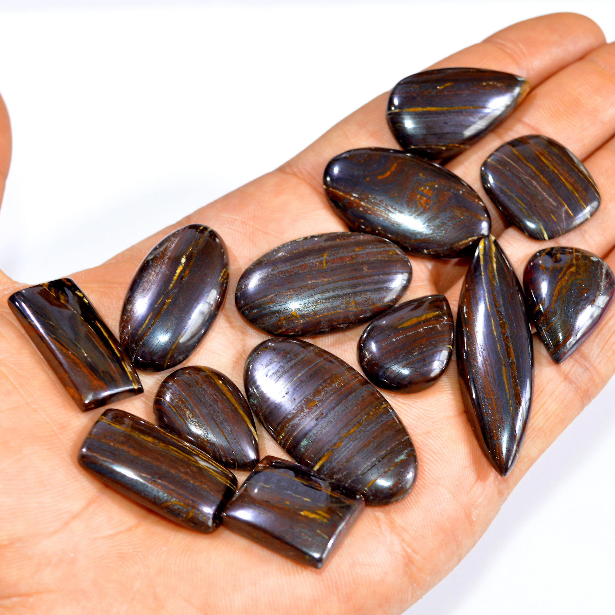 13 Pcs 401 Cts Natural Iron Tiger Eye Cabochon Loose Mixed Shapes Gemstone Lot For Pendants Handmade Jewelry Supplies 47x12 20x15mm 3185