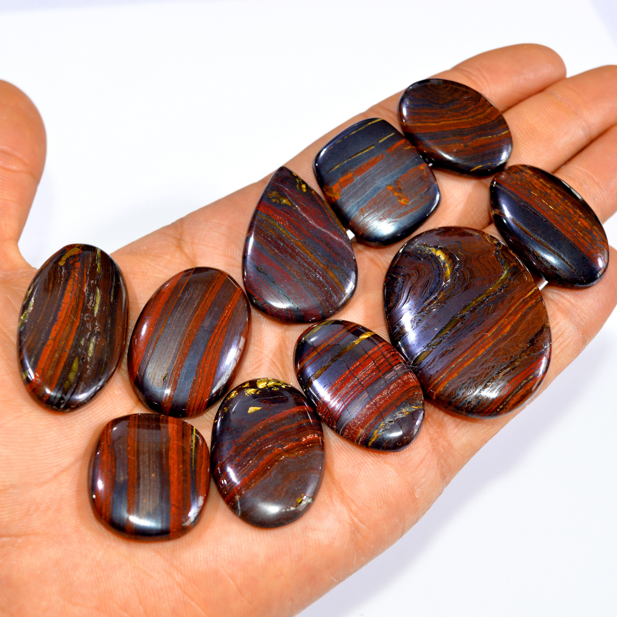10 Pcs 521 Cts Natural Iron Tiger Eye Cabochon Loose Mixed Shapes Gemstone Lot For Pendants Handmade Jewelry Supplies 44x30 26x20mm 3191