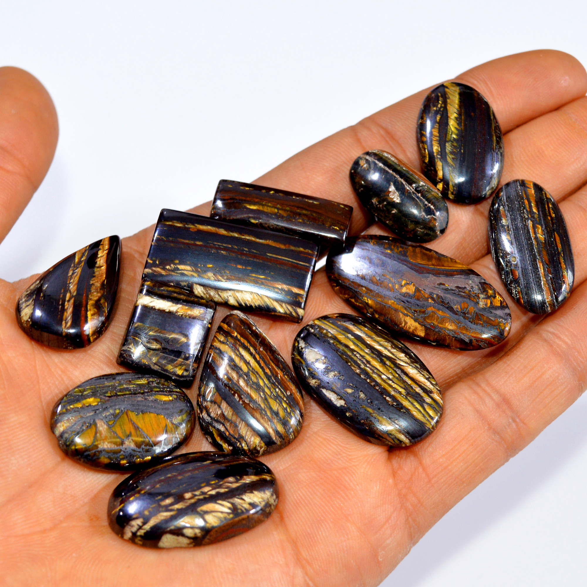 12 Pcs 350 Cts Natural Iron Tiger Eye Cabochon Loose Mixed Shapes Gemstone Lot For Pendants Handmade Jewelry Supplies 38x16 15x14mm 3192