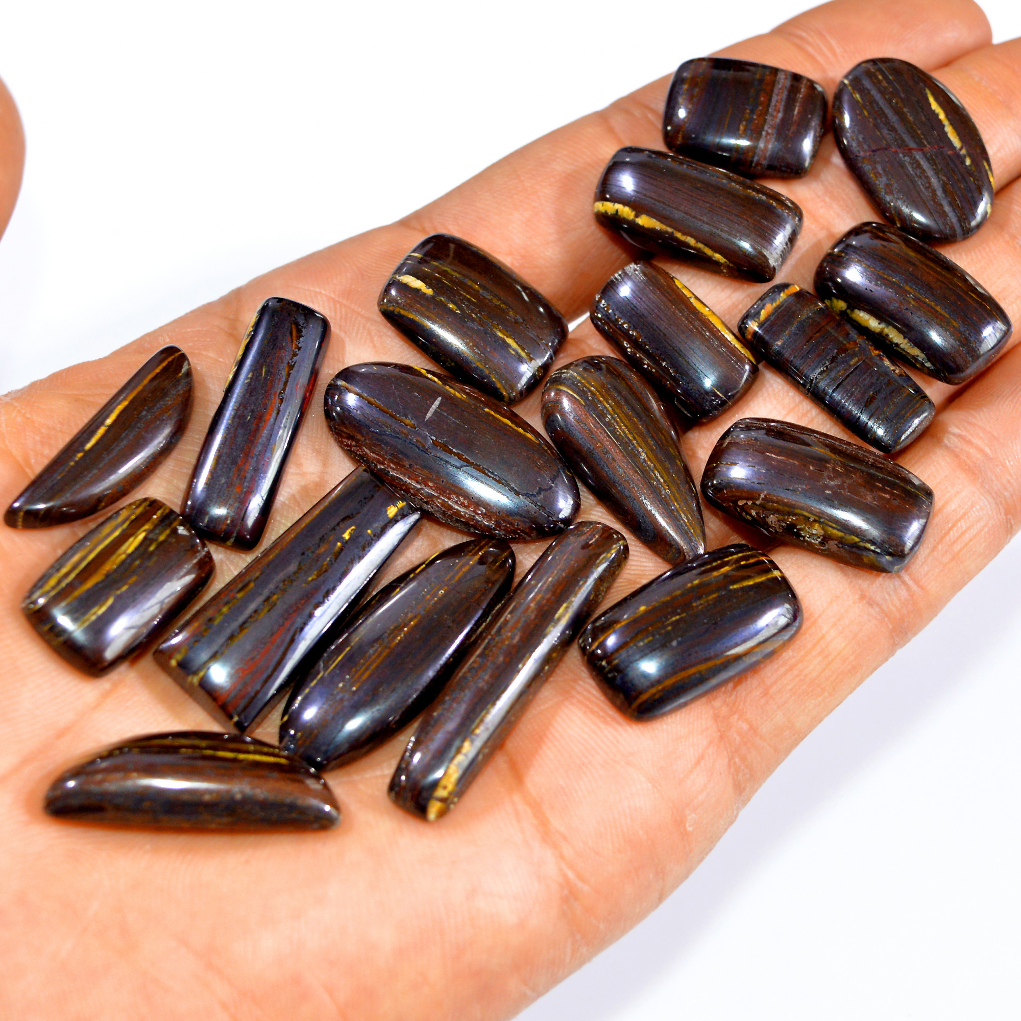 18 Pcs 377 Cts  Natural Iron Tiger Eye Cabochon Loose Gemstone Lot Mixed Shapes Sizes Healing Crystal For Jewelry Making 31x11 17x12mm 3193