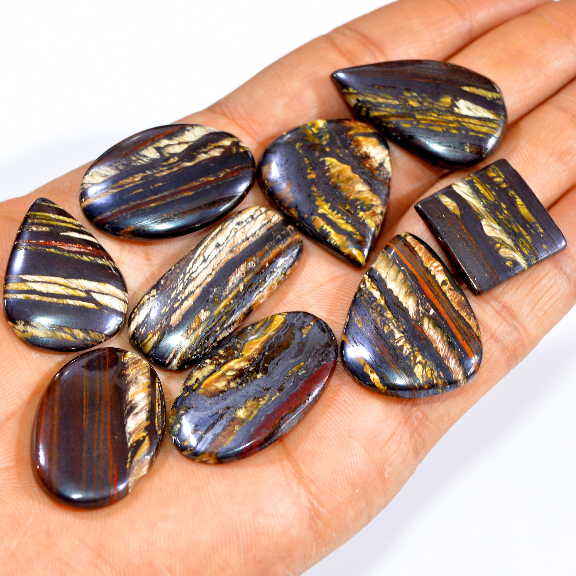 9 Pcs 321 Cts Natural Iron Tiger Eye Cabochon Loose Gemstone Lot Mixed Shapes Sizes Healing Crystal For Jewelry Making 35x15 20x20mm 3194