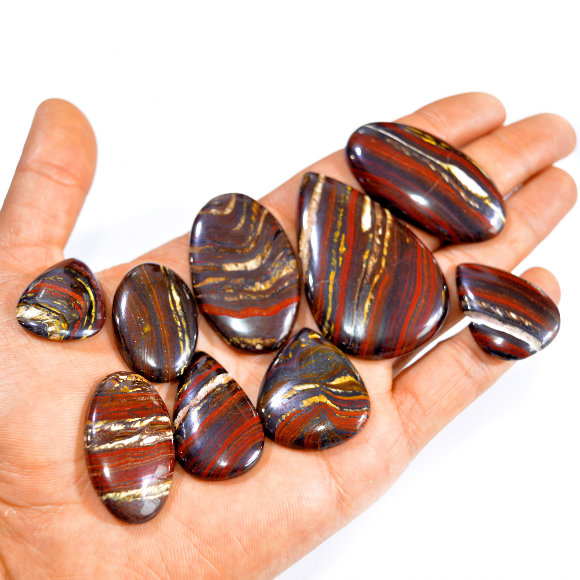 9 Pcs 512 Cts  Natural Iron Tiger Eye Cabochon Loose Gemstone Lot Mixed Shapes Sizes Healing Crystal For Jewelry Making 55x35 29x20mm 3195