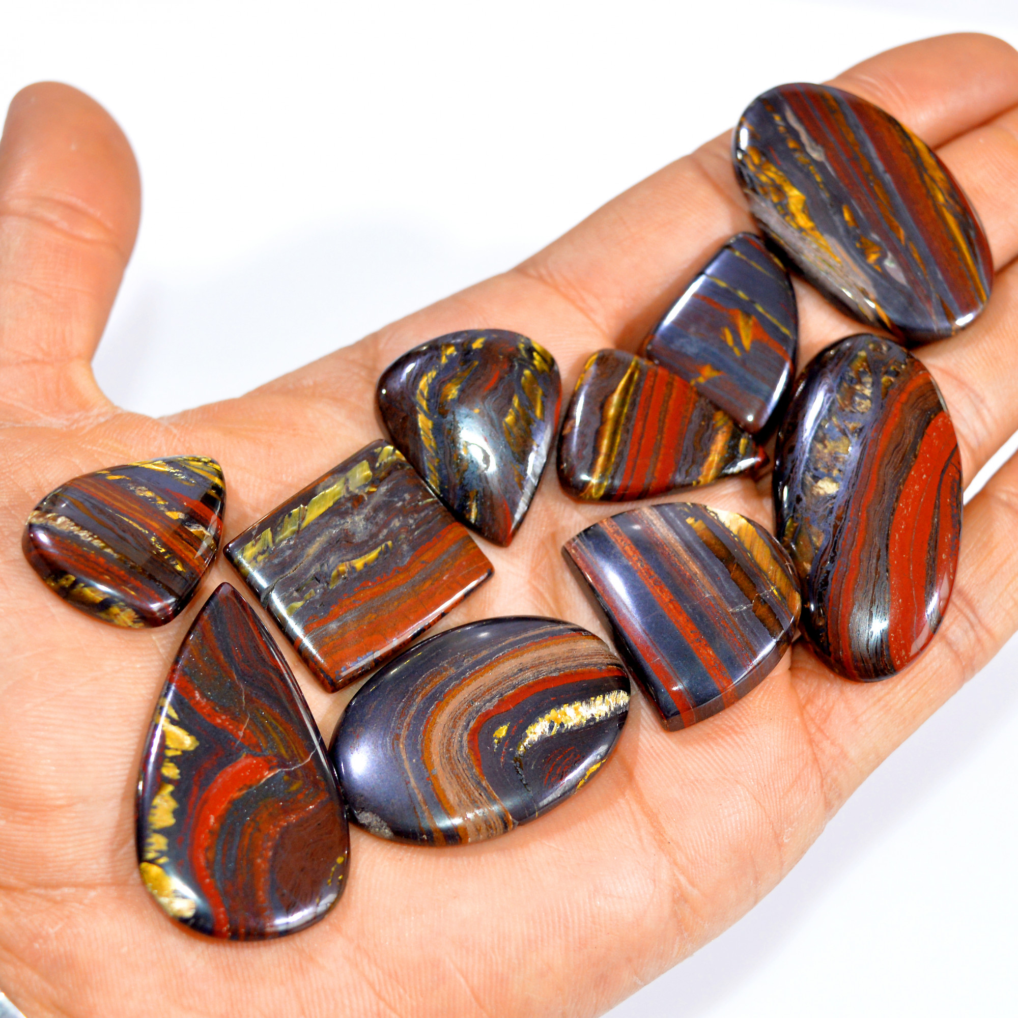10 Pcs 397 Cts Natural Iron Tiger Eye Cabochon Loose Gemstone Lot Mixed Shapes Sizes Healing Crystal For Jewelry Making 40x24 21x19mm 3196