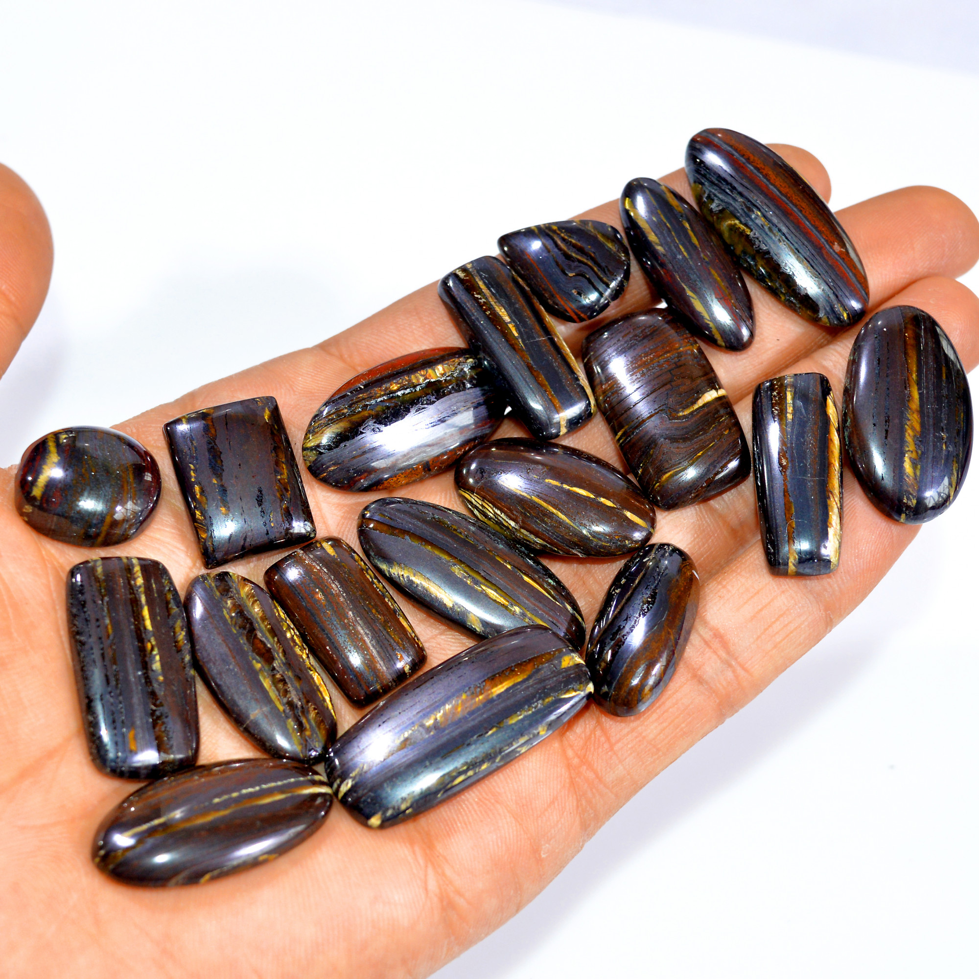 18 Pcs 533 Cts  Natural Iron Tiger Eye Cabochon Loose Gemstone Lot Mixed Shapes Sizes Healing Crystal For Jewelry Making 35x15 19x14mm 3197