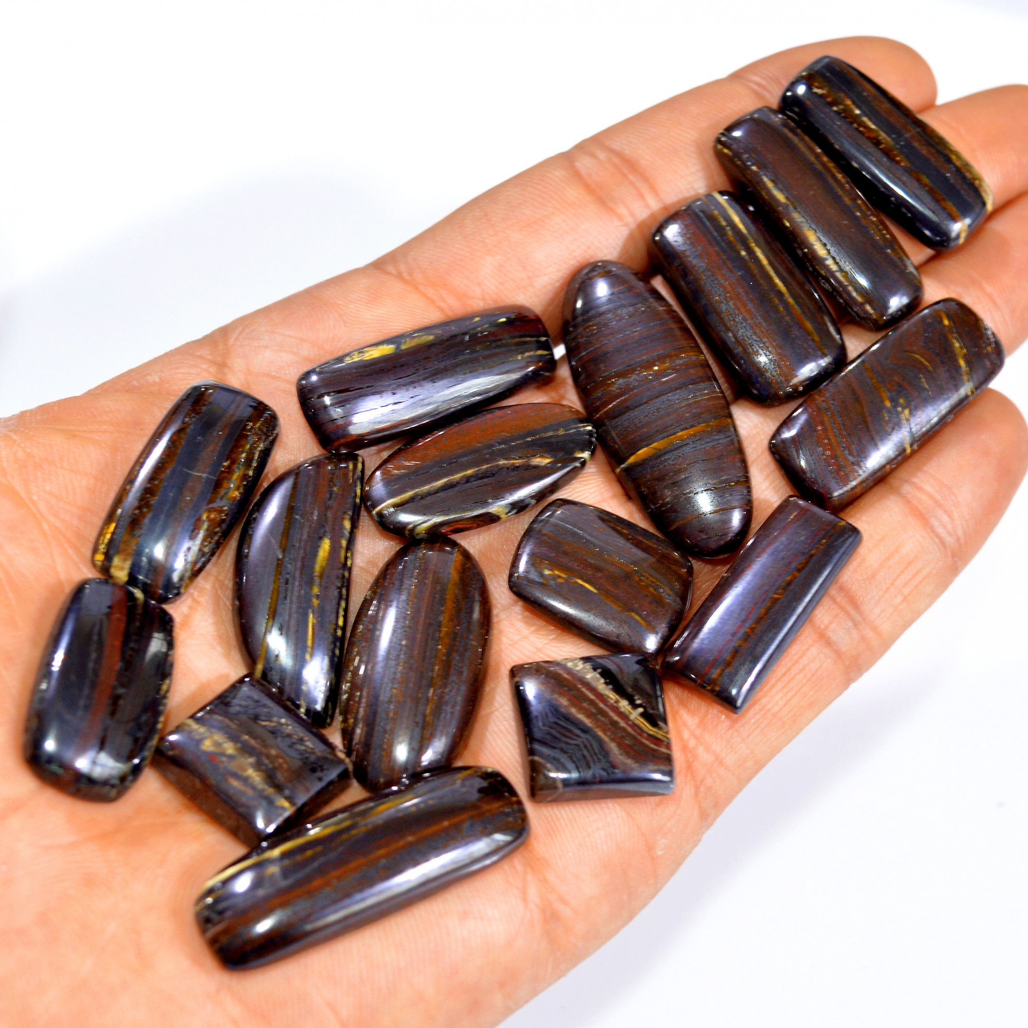16 Pcs 456 Cts  Natural Iron Tiger Eye Cabochon Loose Gemstone Lot Mixed Shapes Sizes Healing Crystal For Jewelry Making 40x14 15x14mm 3199
