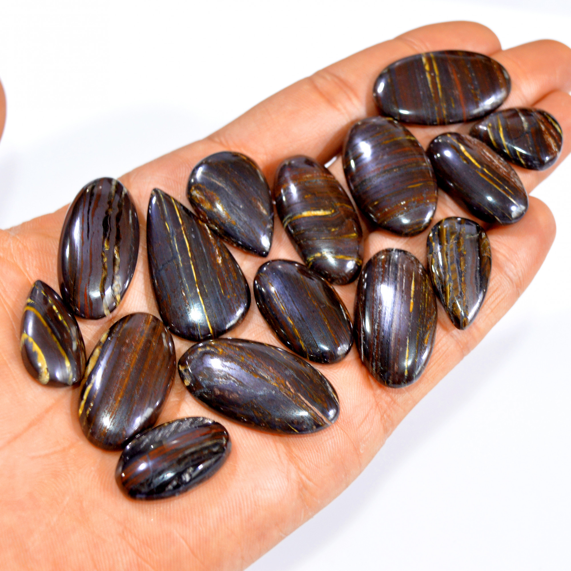 15 Pcs 453 Cts  Natural Iron Tiger Eye Cabochon Loose Gemstone Lot Mixed Shapes Sizes Healing Crystal For Jewelry Making 35x19 20x15mm 3200