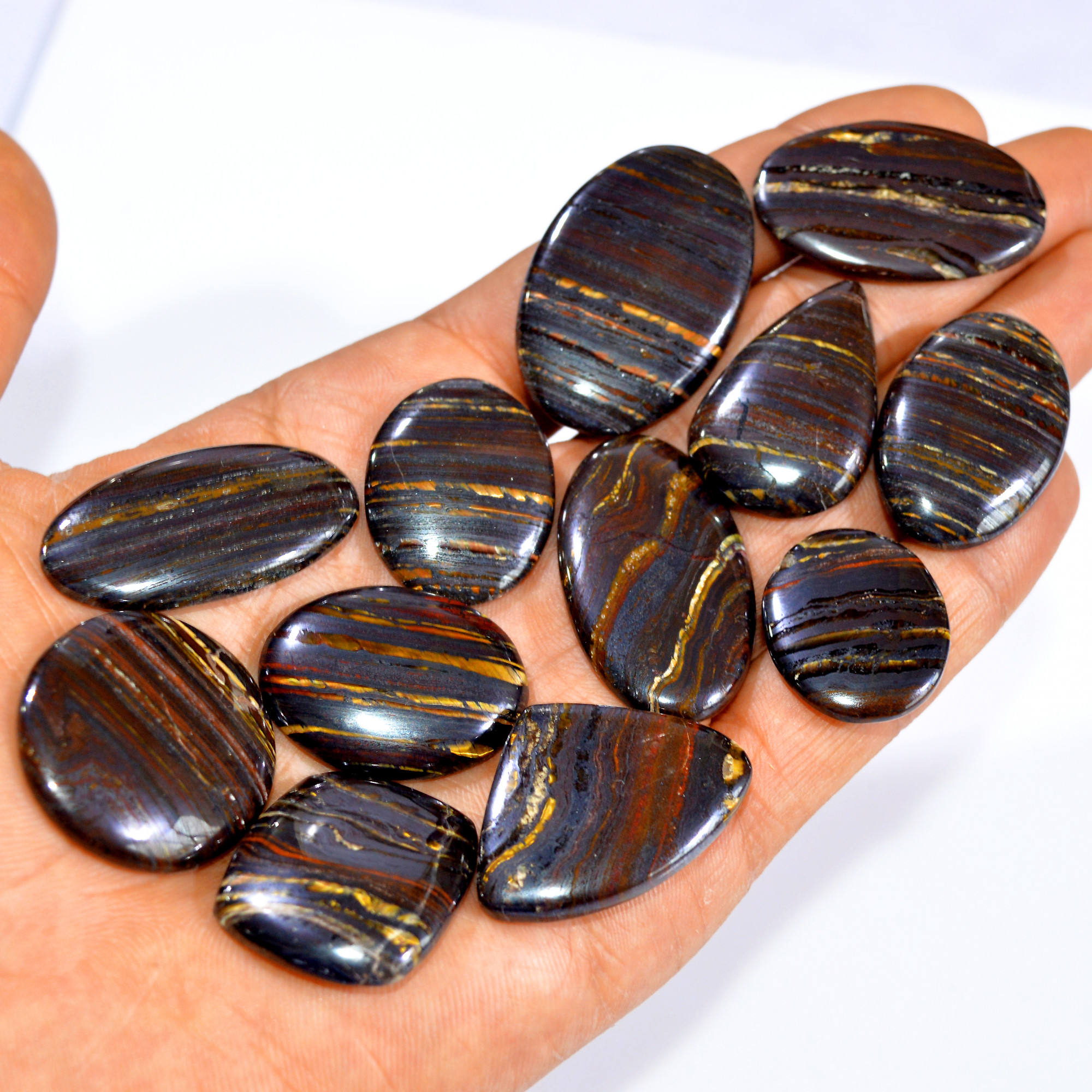 12 Pcs 459 Cts  Natural Iron Tiger Eye Cabochon Loose Gemstone Lot Mixed Shapes Sizes Healing Crystal For Jewelry Making 38x24 24x20mm 3201