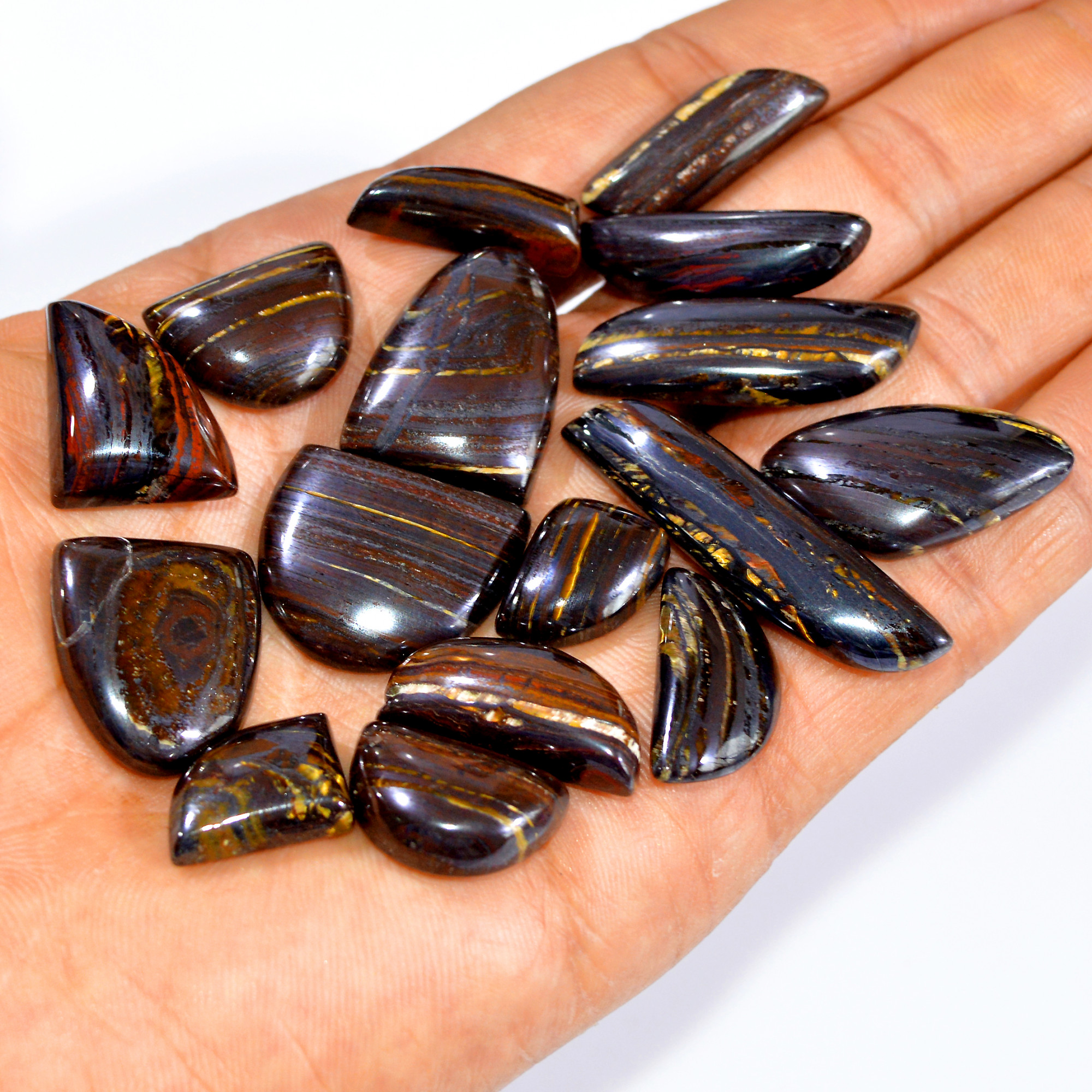 16 Pcs 345 Cts Natural Iron Tiger Eye Cabochon Loose Gemstone Lot Mixed Shapes Sizes Healing Crystal For Jewelry Making 40x10 15x10mm 3202