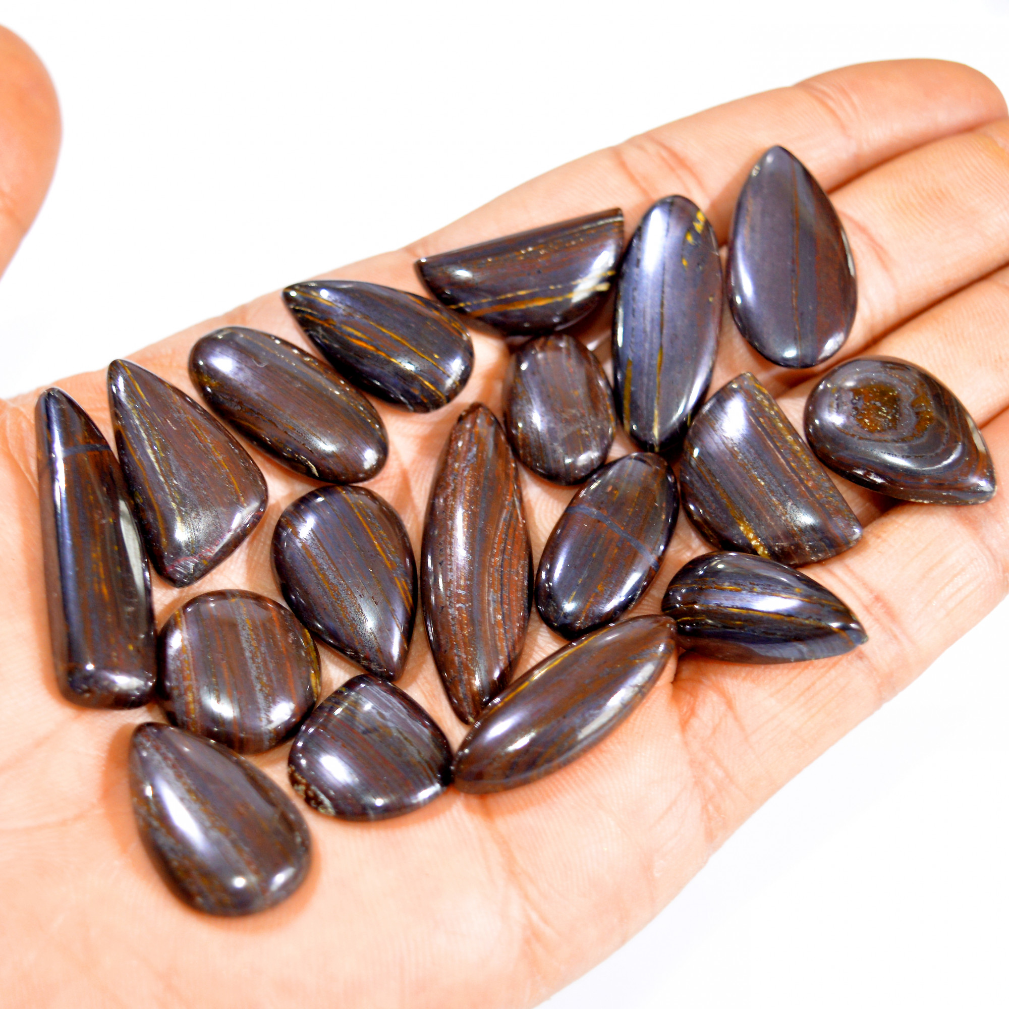 18 Pcs 335 Cts Natural Iron Tiger Eye Cabochon Loose Gemstone Lot Mixed Shapes Sizes Healing Crystal For Jewelry Making 36x10 15x15mm 3203