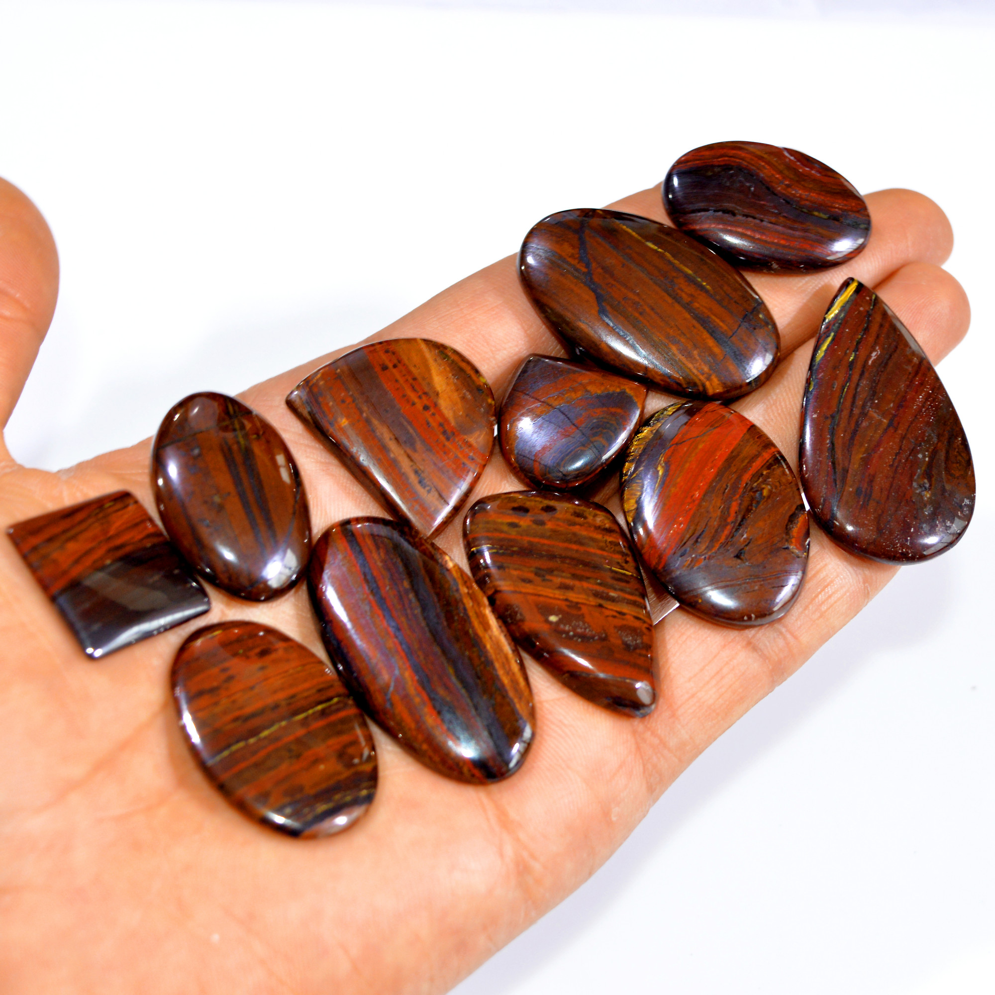11 Pcs 492 Cts Natural Iron Tiger Eye Cabochon Loose Gemstone Lot Mixed Shapes Sizes Healing Crystal For Jewelry Making 45x25 20x20mm 3204