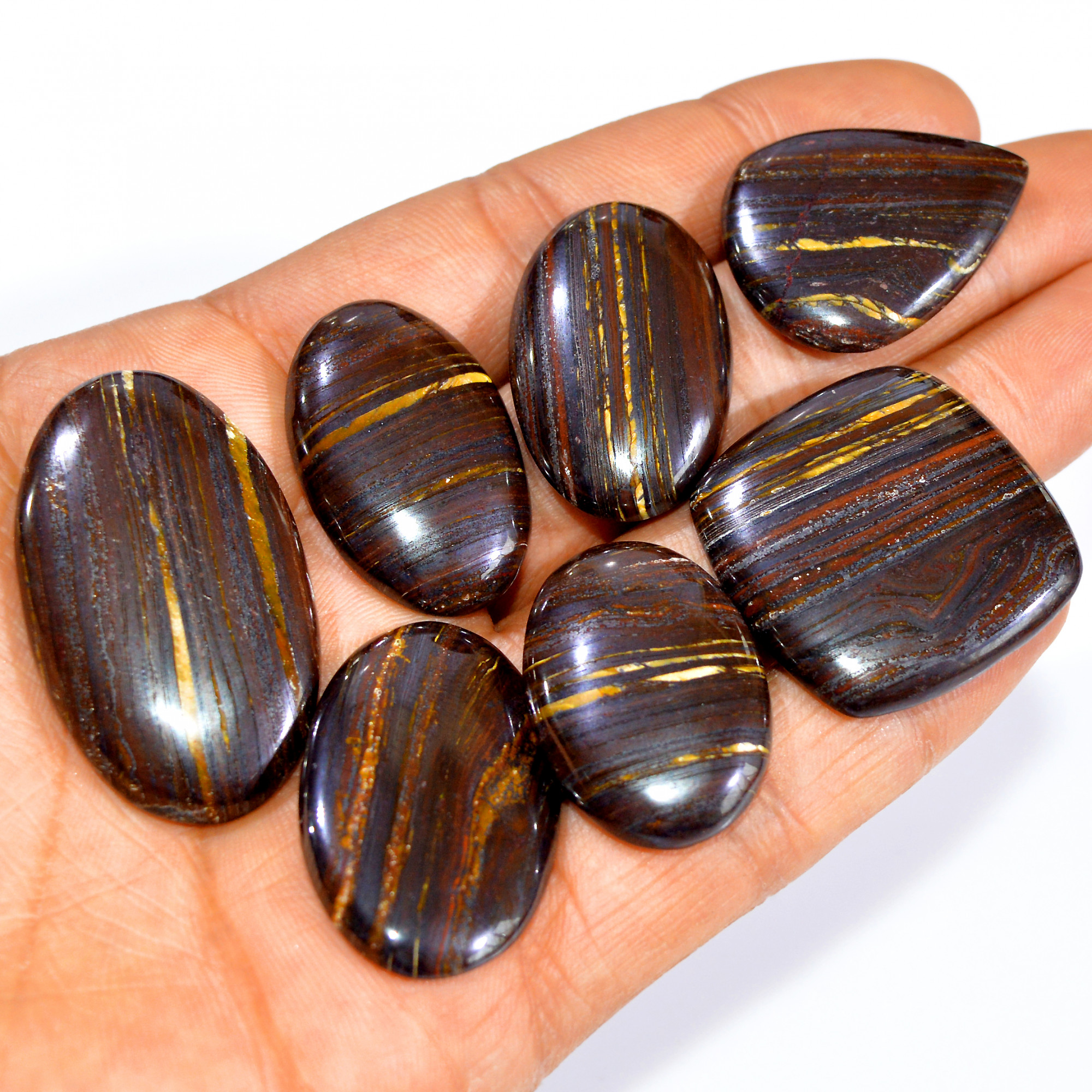 7 Pcs 322 Cts Natural Iron Tiger Eye Cabochon Loose Gemstone Lot Mixed Shapes Sizes Healing Crystal For Jewelry Making 40x22 27x20mm 3205