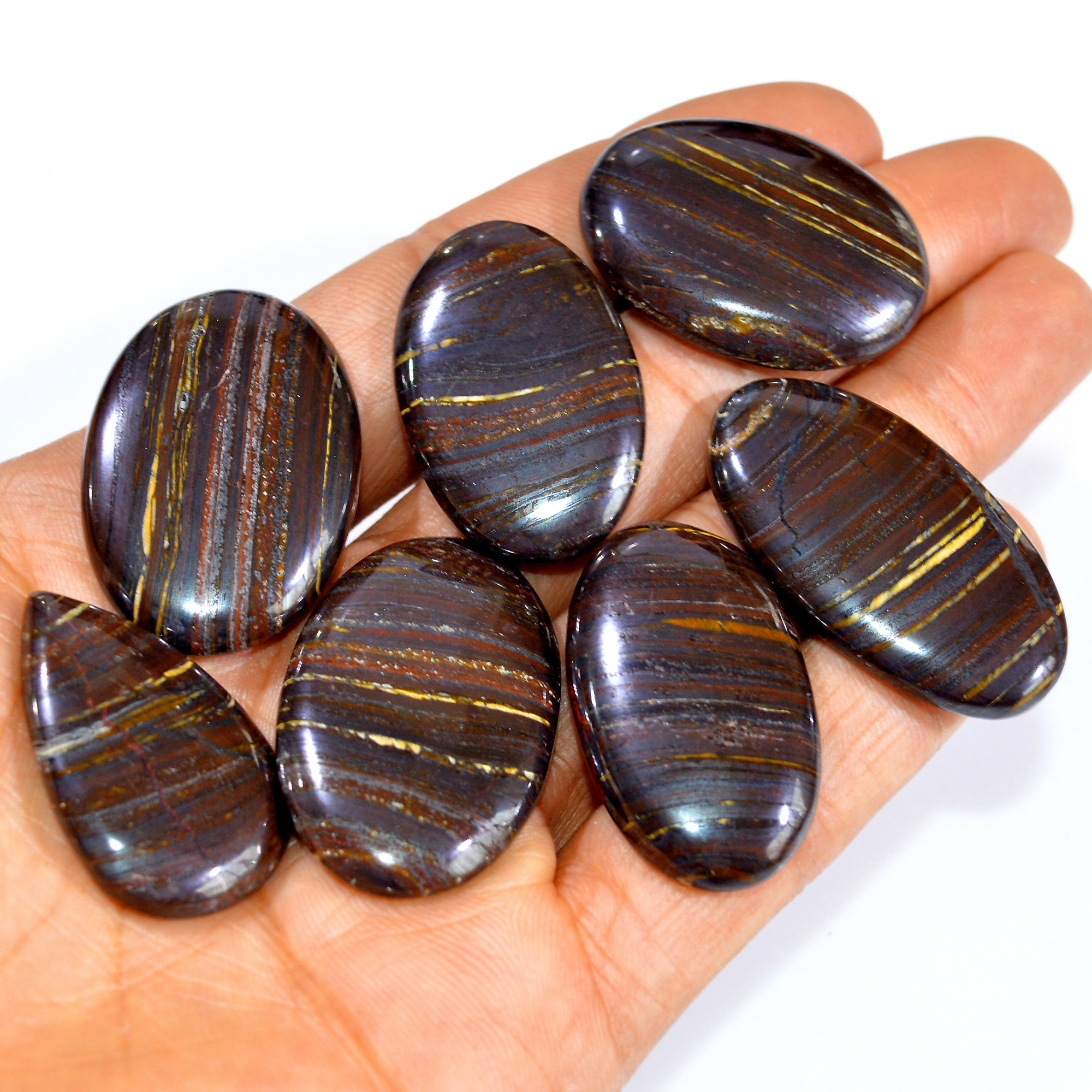 7 Pcs 360 Cts Natural Iron Tiger Eye Cabochon Loose Gemstone Lot Mixed Shapes Sizes Healing Crystal For Jewelry Making 40x20 32x20mm 3206