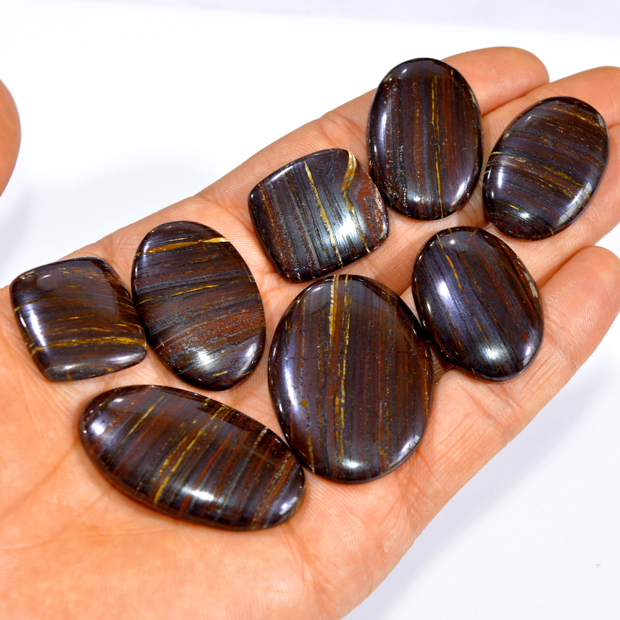 8 Pcs 407 Cts Natural Iron Tiger Eye Cabochon Loose Gemstone Lot Mixed Shapes Sizes Healing Crystal For Jewelry Making 42x30 24x21mm 3207