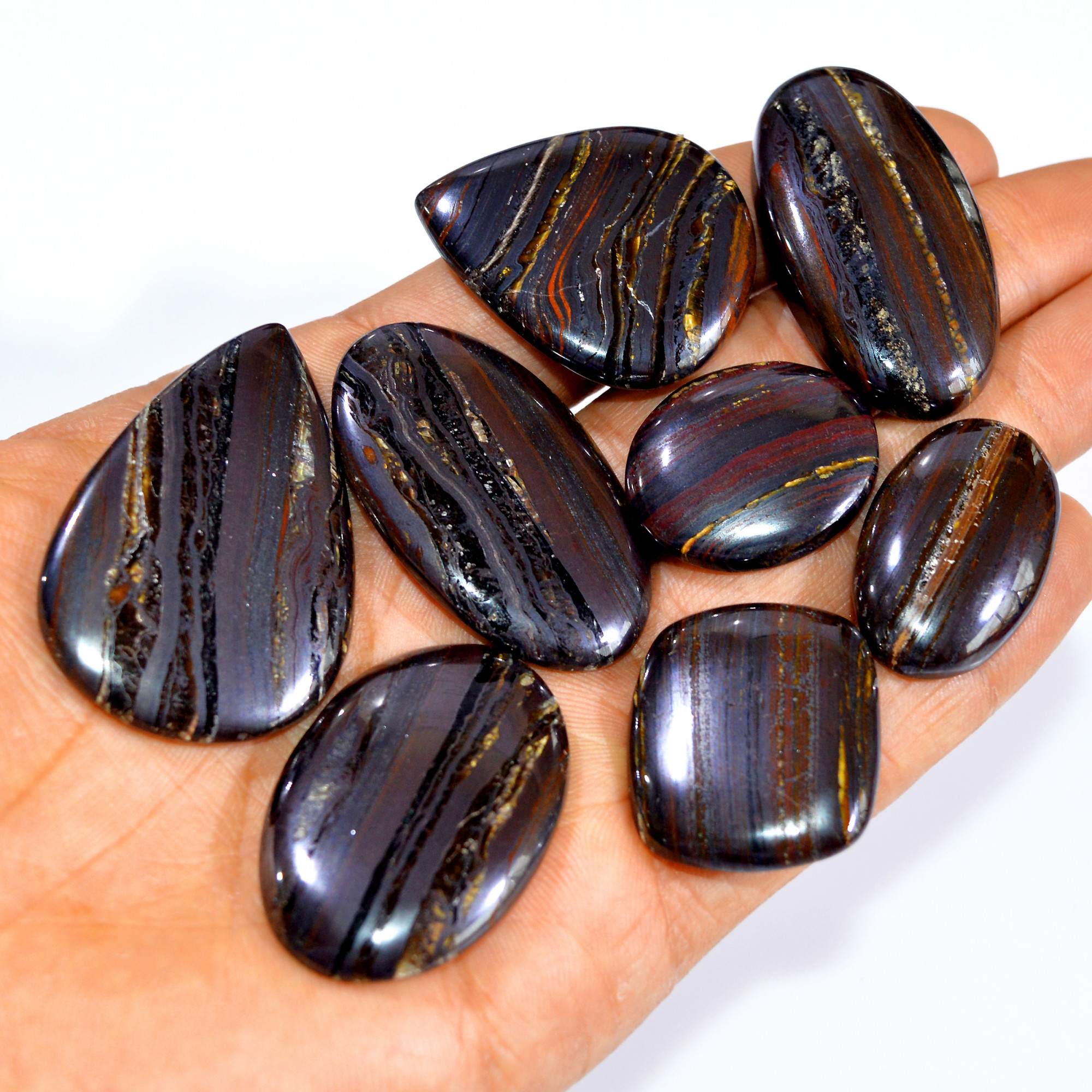 8 Pcs 493 Cts Natural Iron Tiger Eye Cabochon Loose Gemstone Lot Mixed Shapes Sizes Healing Crystal For Jewelry Making 45x30 25x20mm 3208