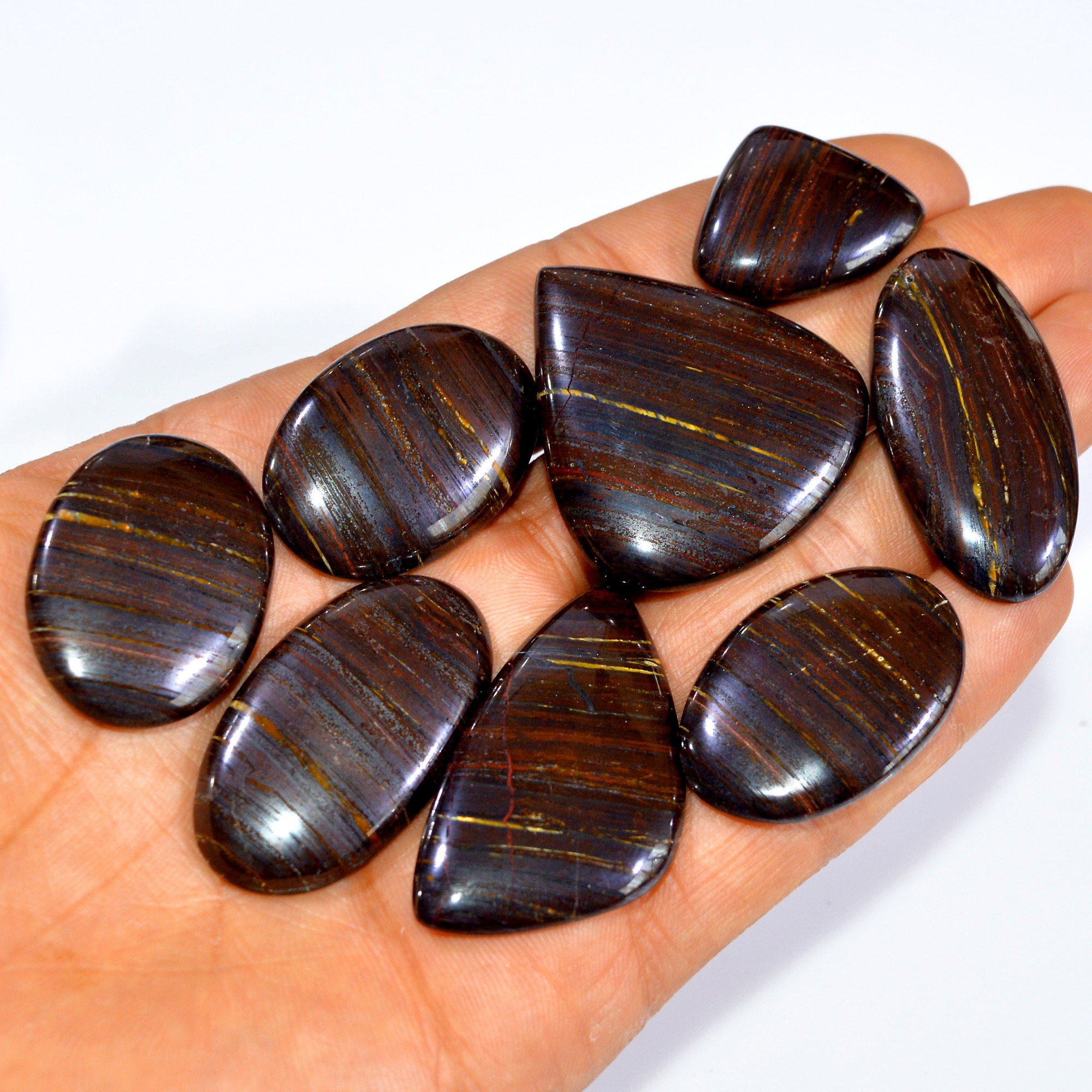 8 Pcs 422 Cts Natural Iron Tiger Eye Cabochon Loose Gemstone Lot Mixed Shapes Sizes Healing Crystal For Jewelry Making 40x35 26x21mm 3209
