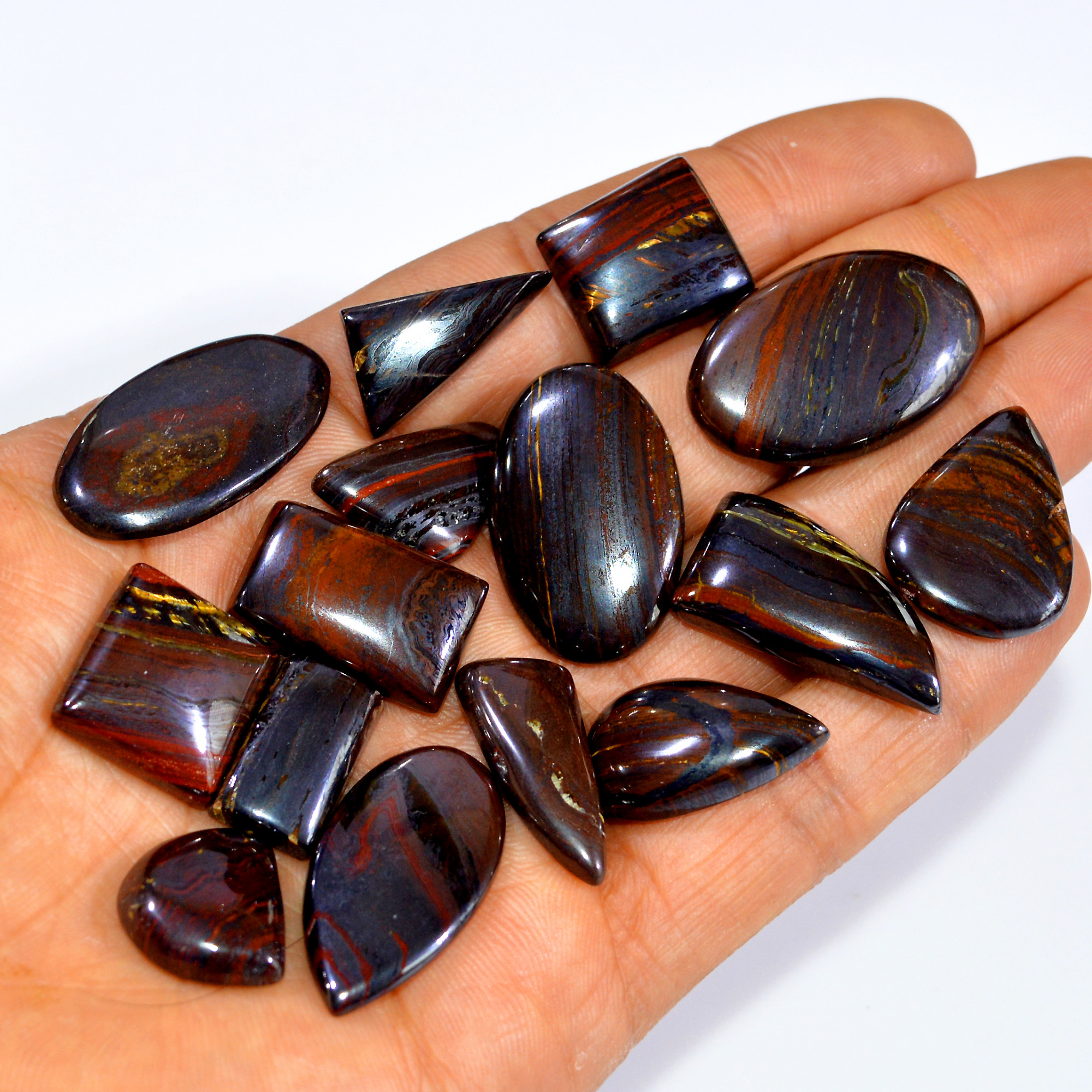 15 Pcs 324 Cts Natural Iron Tiger Eye Cabochon Loose Gemstone Lot Mixed Shapes Sizes Healing Crystal For Jewelry Making 30x19 15x13mm 3210