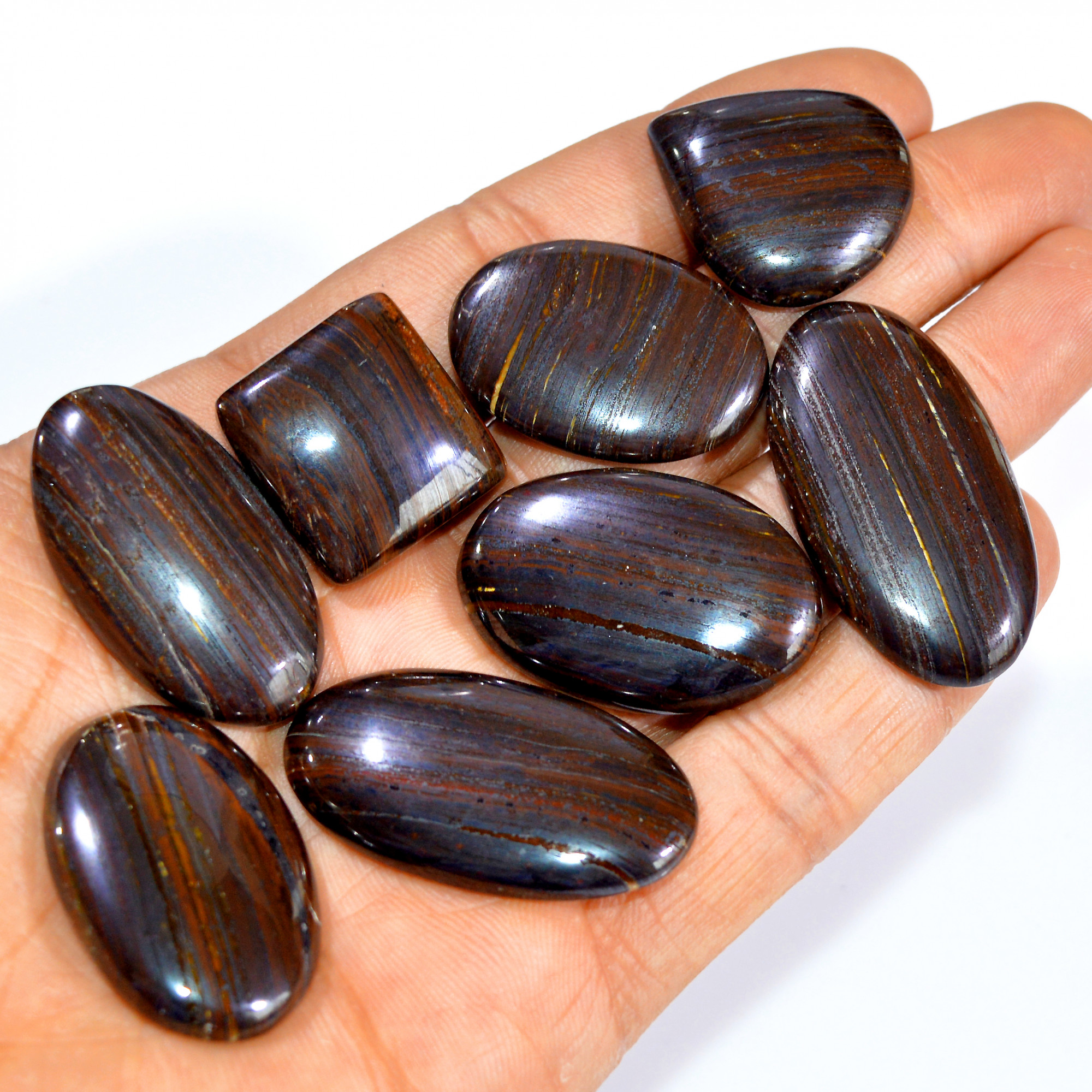 8 Pcs 391 Cts Natural Iron Tiger Eye Cabochon Loose Semi Precious Wholesale Lot Jewelry Making Wire Wrapping Pendant 40x20 21x20mm 3213
