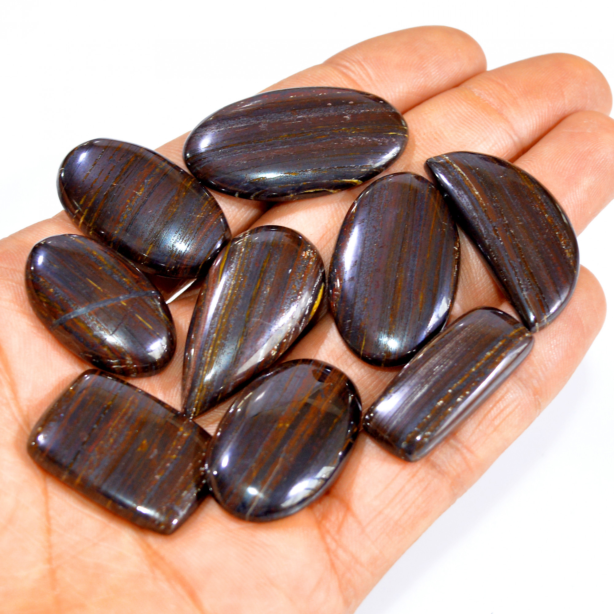 9 Pcs 299 Cts Natural Iron Tiger Eye Cabochon Loose Semi Precious Wholesale Lot Jewelry Making Wire Wrapping Pendant 35x18 25x18mm 3214
