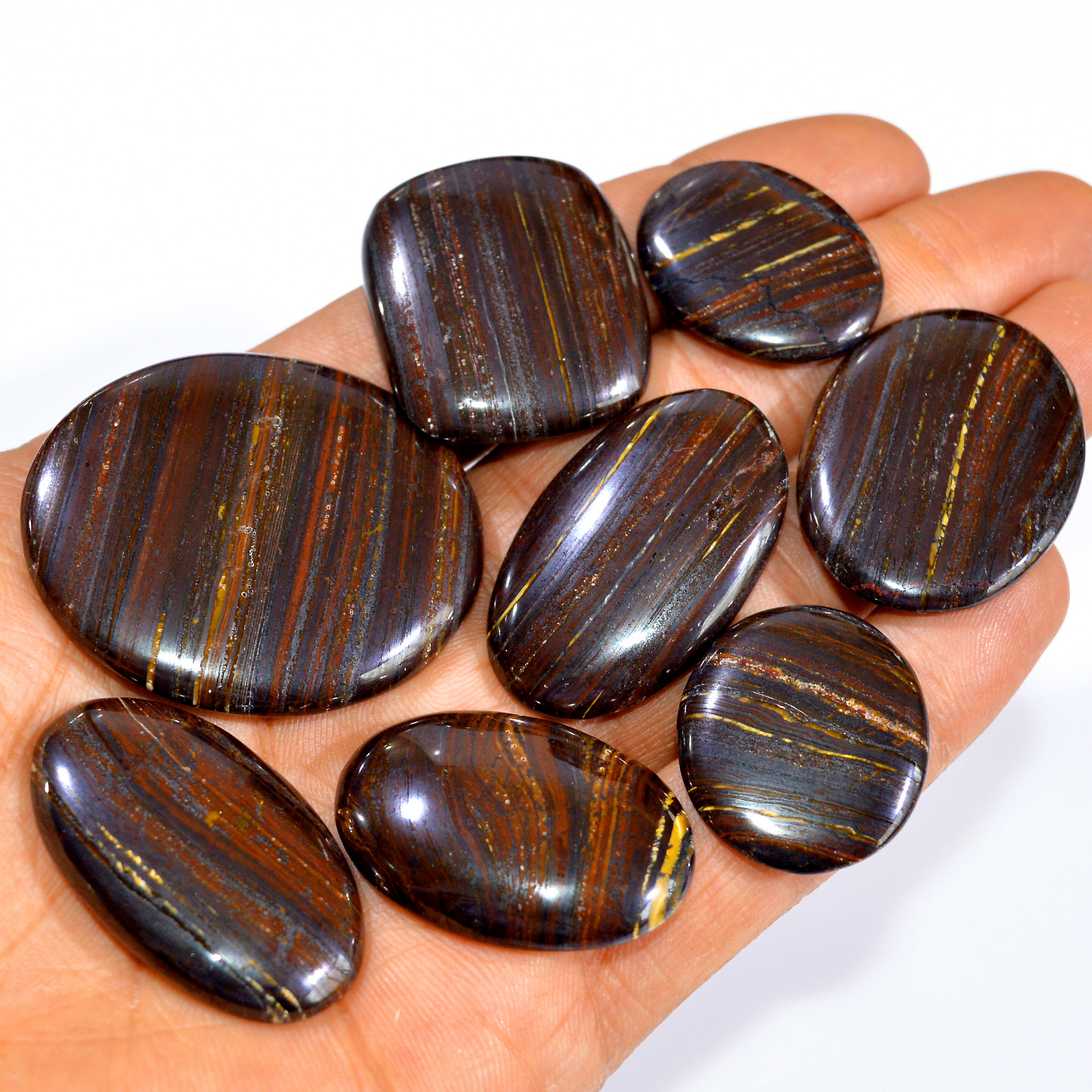 8 Pcs 397 Cts Natural Iron Tiger Eye Cabochon Loose Semi Precious Wholesale Lot Jewelry Making Wire Wrapping Pendant 42x35 25x20mm 3215