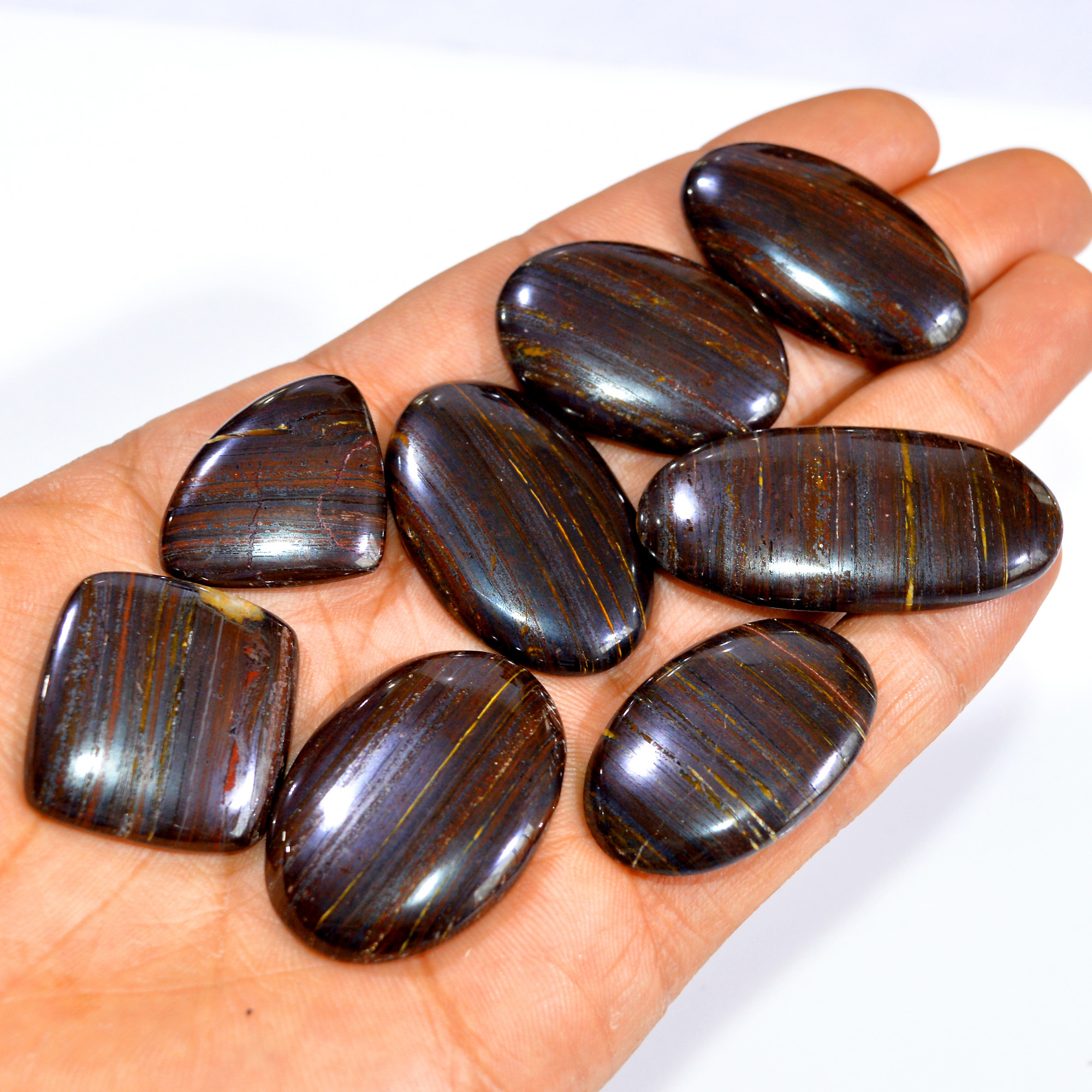 8 Pcs 384 Cts Natural Iron Tiger Eye Cabochon Loose Semi Precious Wholesale Lot Jewelry Making Wire Wrapping Pendant 43x20 21x21mm 3216