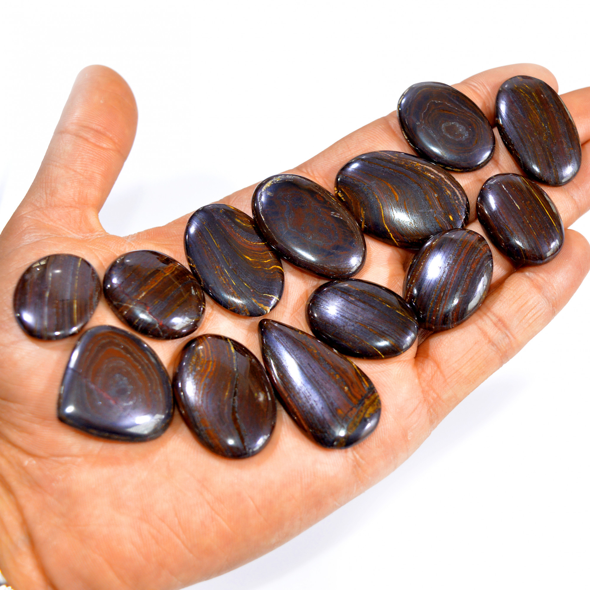 13 Pcs 521 Cts Natural Iron Tiger Eye Cabochon Loose Semi Precious Wholesale Lot Jewelry Making Wire Wrapping Pendant 40x20 26x19mm 3217