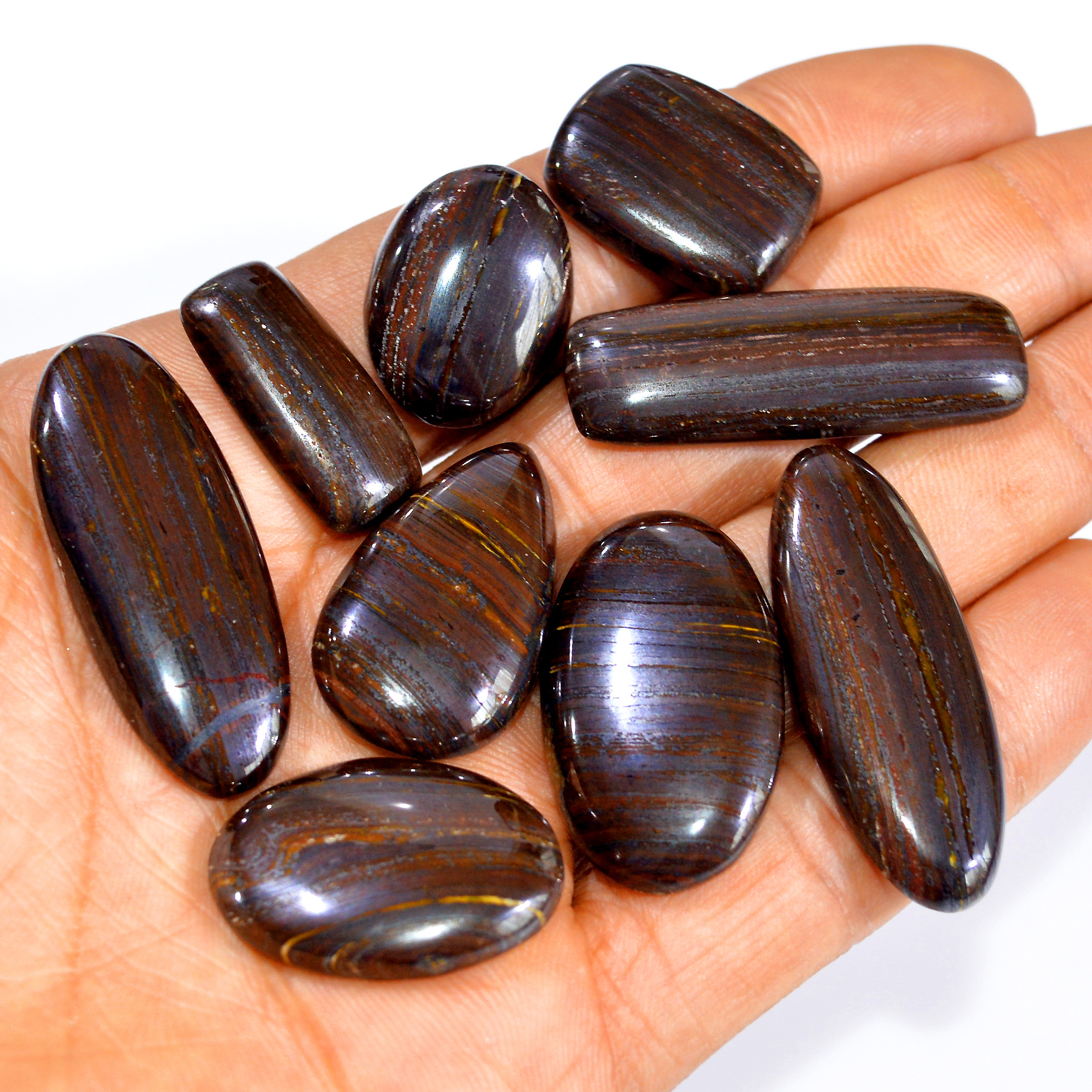 9 Pcs 289 Cts Natural Iron Tiger Eye Cabochon Loose Semi Precious Wholesale Lot Jewelry Making Wire Wrapping Pendant 40x13 23x10mm 3218