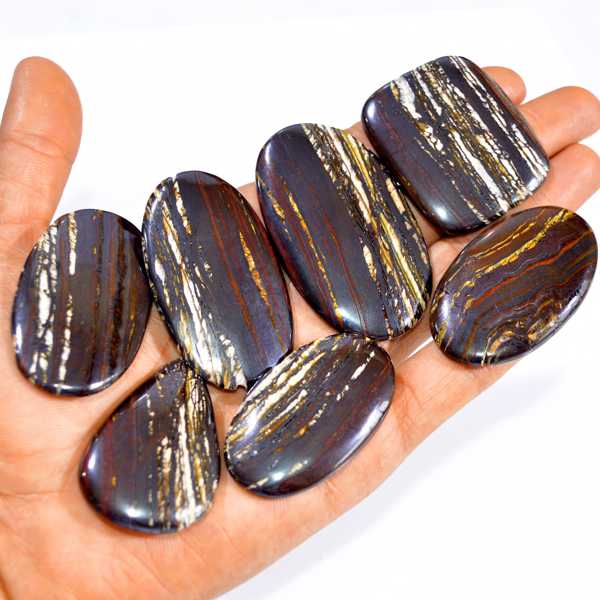 7 Pcs 781 Cts Natural Iron Tiger Eye Cabochon Loose Semi Precious Wholesale Lot Jewelry Making Wire Wrapping Pendant 61x34 45x29mm 3221