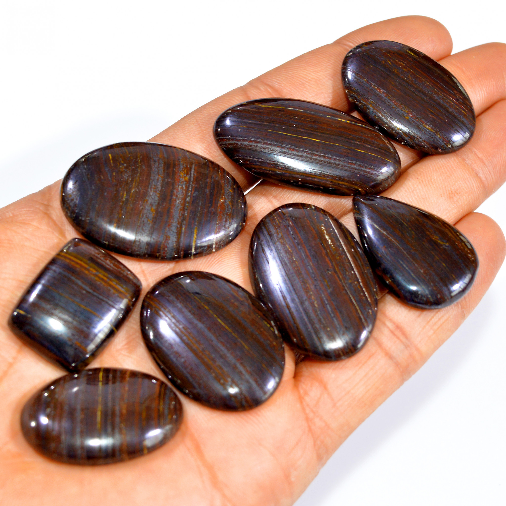 8 Pcs 379 Cts Natural Iron Tiger Eye Cabochon Loose Semi Precious Wholesale Lot Jewelry Making Wire Wrapping Pendant 40x20 24x18mm 3224