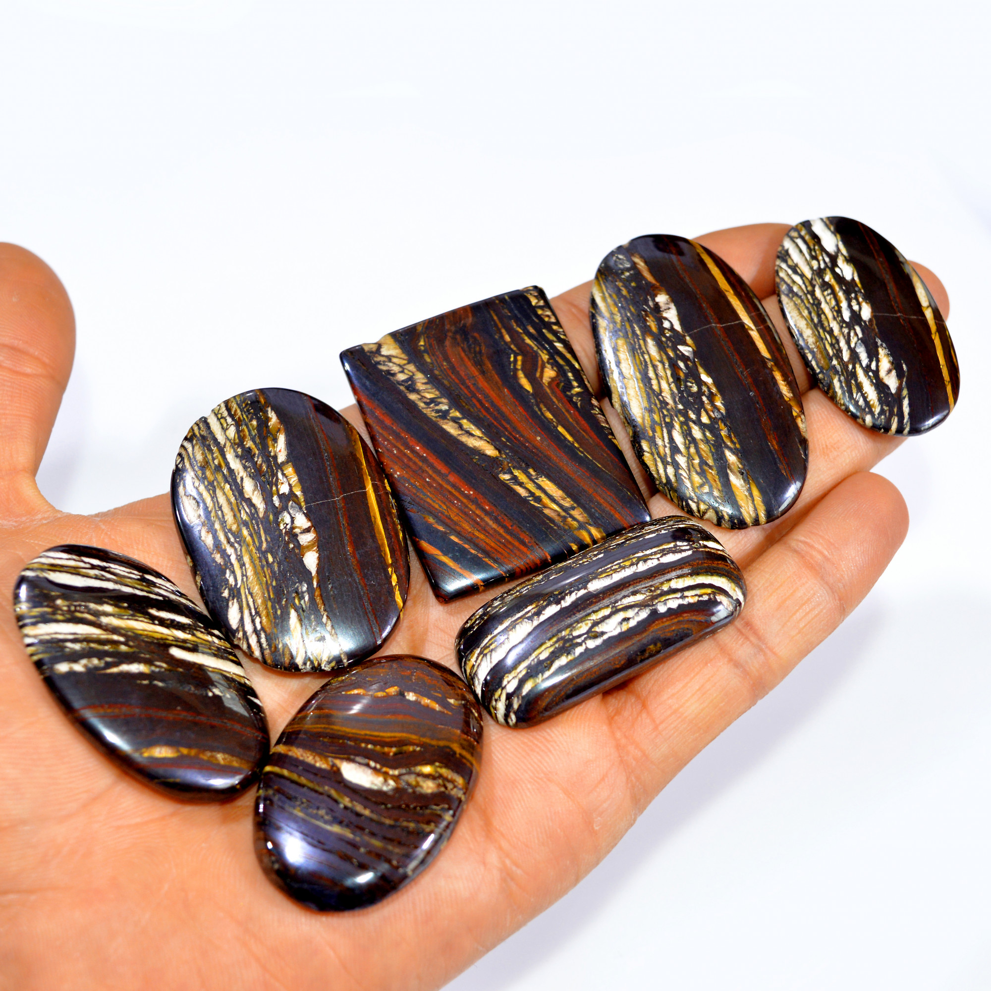 7 Pcs 607 Cts Natural Iron Tiger Eye Cabochon Loose Semi Precious Wholesale Lot Jewelry Making Wire Wrapping Pendant 55x26 40x27mm 3225